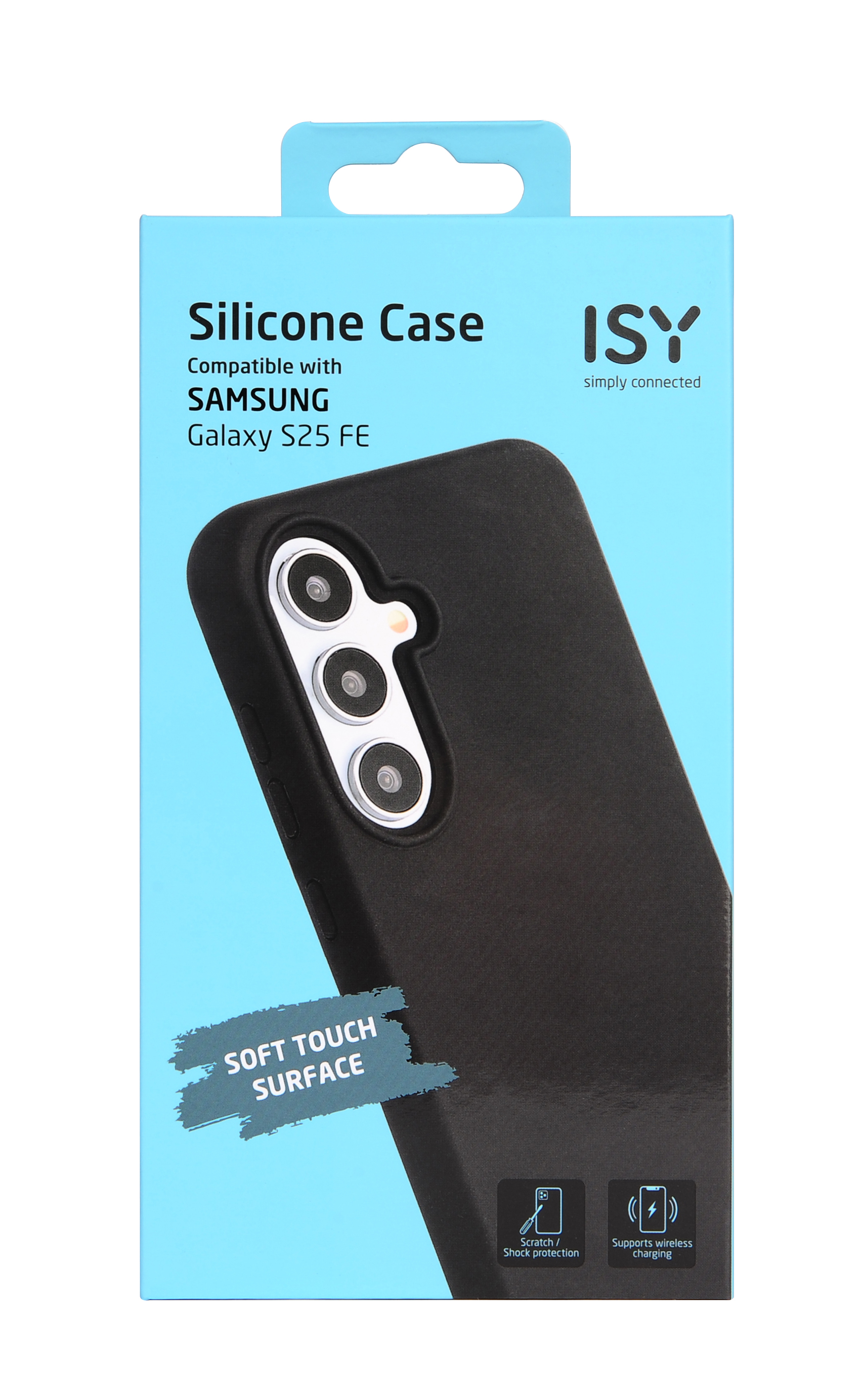 Eine schwarze Handyhülle für Samsung Galaxy S25 FE auf blauem Hintergrund. Die Verpackung sagt 'Silikonhülle'.