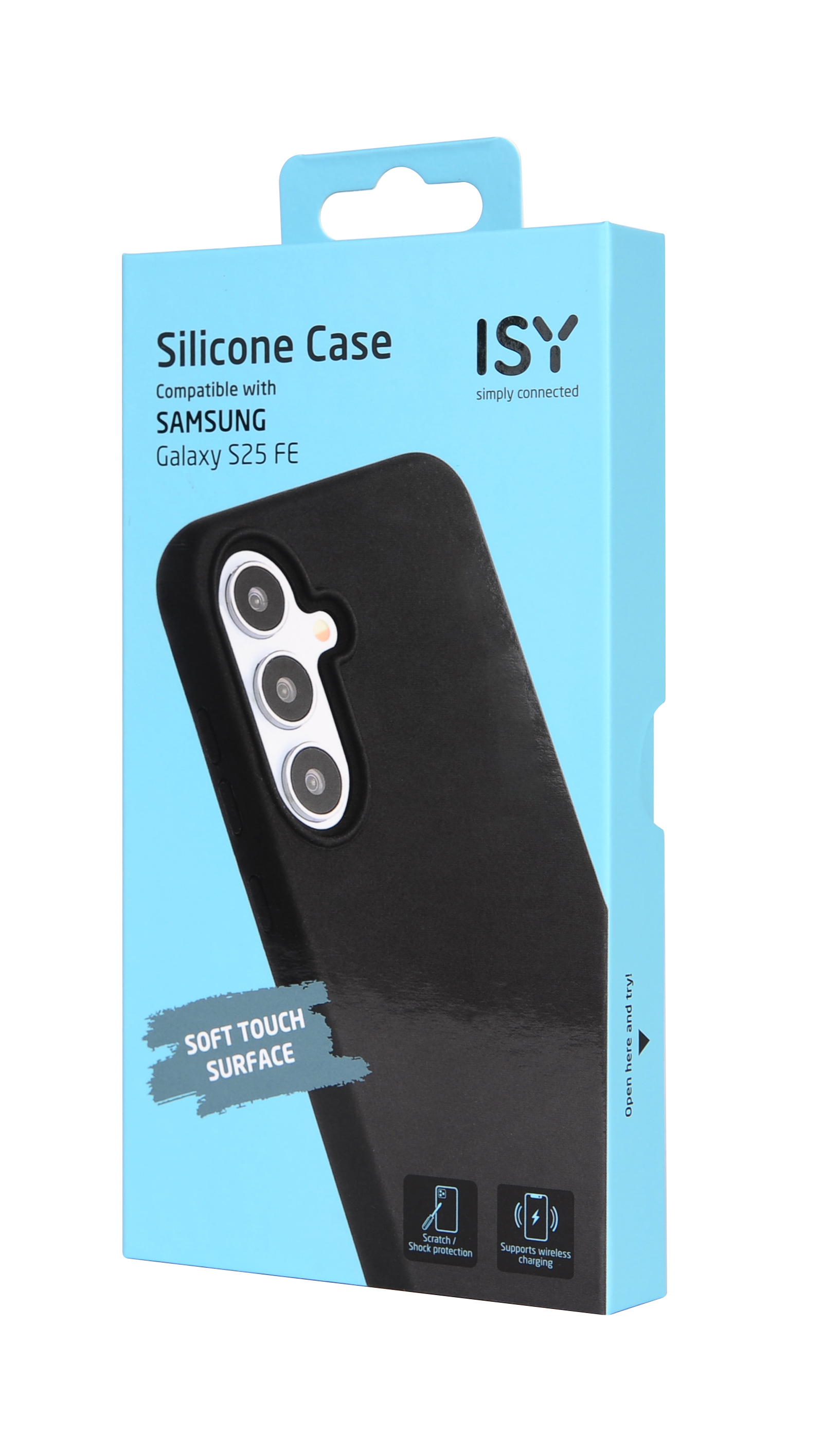 Eine schwarze Silikonhülle für Samsung Galaxy S25 FE in einem hellblauen Karton. Auf der Box steht 'Soft Touch Surface' und 'ISY simply connected'.