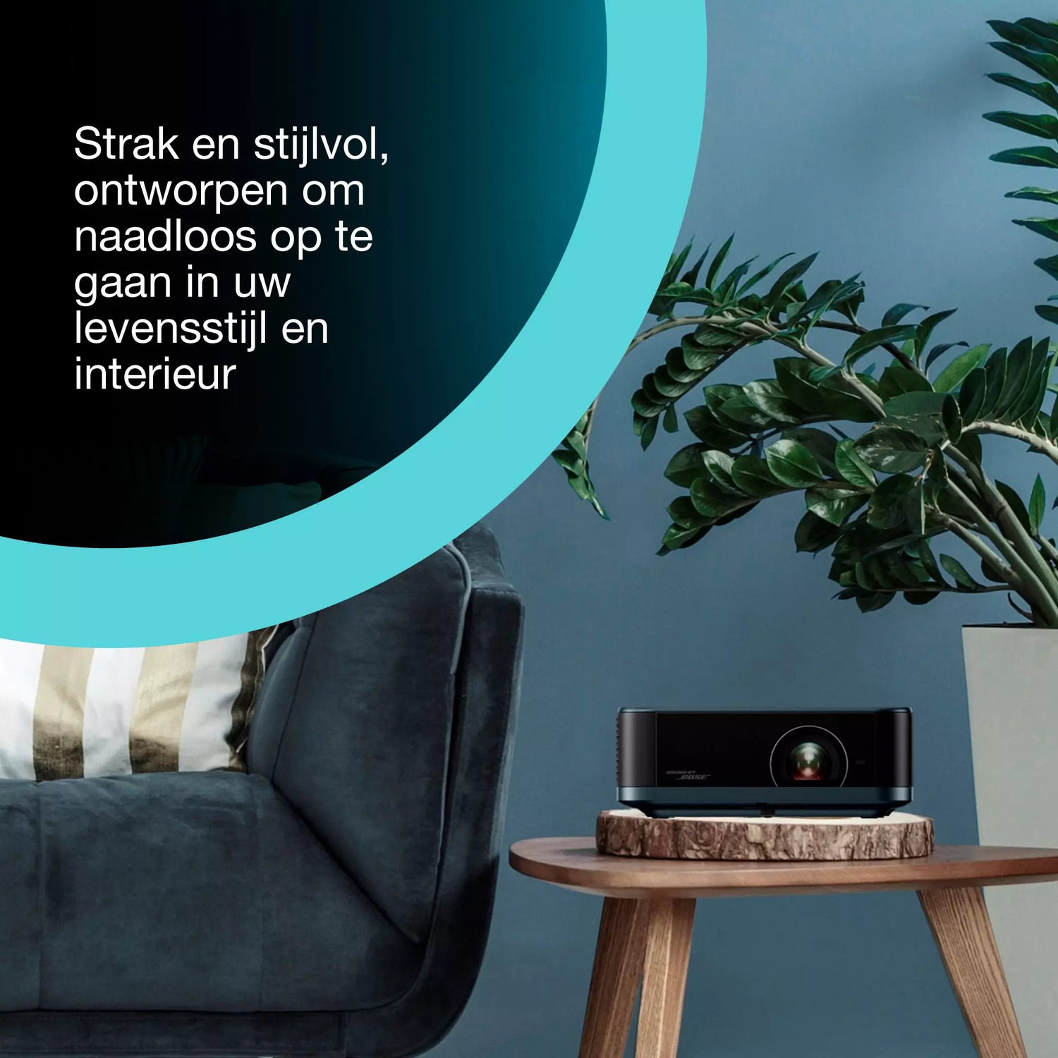 Een projector op een houten tafel, een bank en een groene plant op de achtergrond. De muur is blauw en de tekst is in het Nederlands.