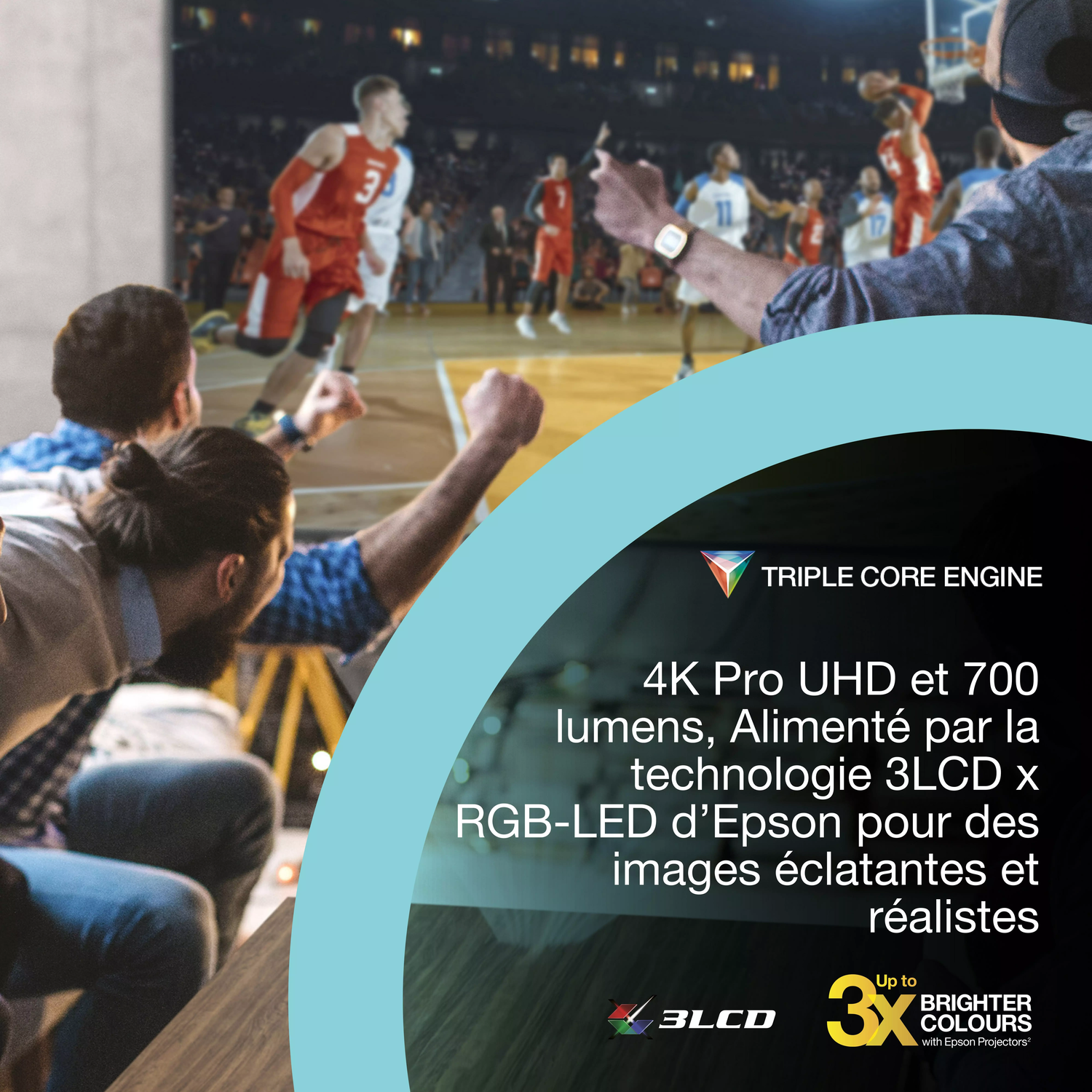 Joueurs de basketball en action. Fans encourageant au premier plan. Texte sur la 4K UHD et la technologie 3LCD.