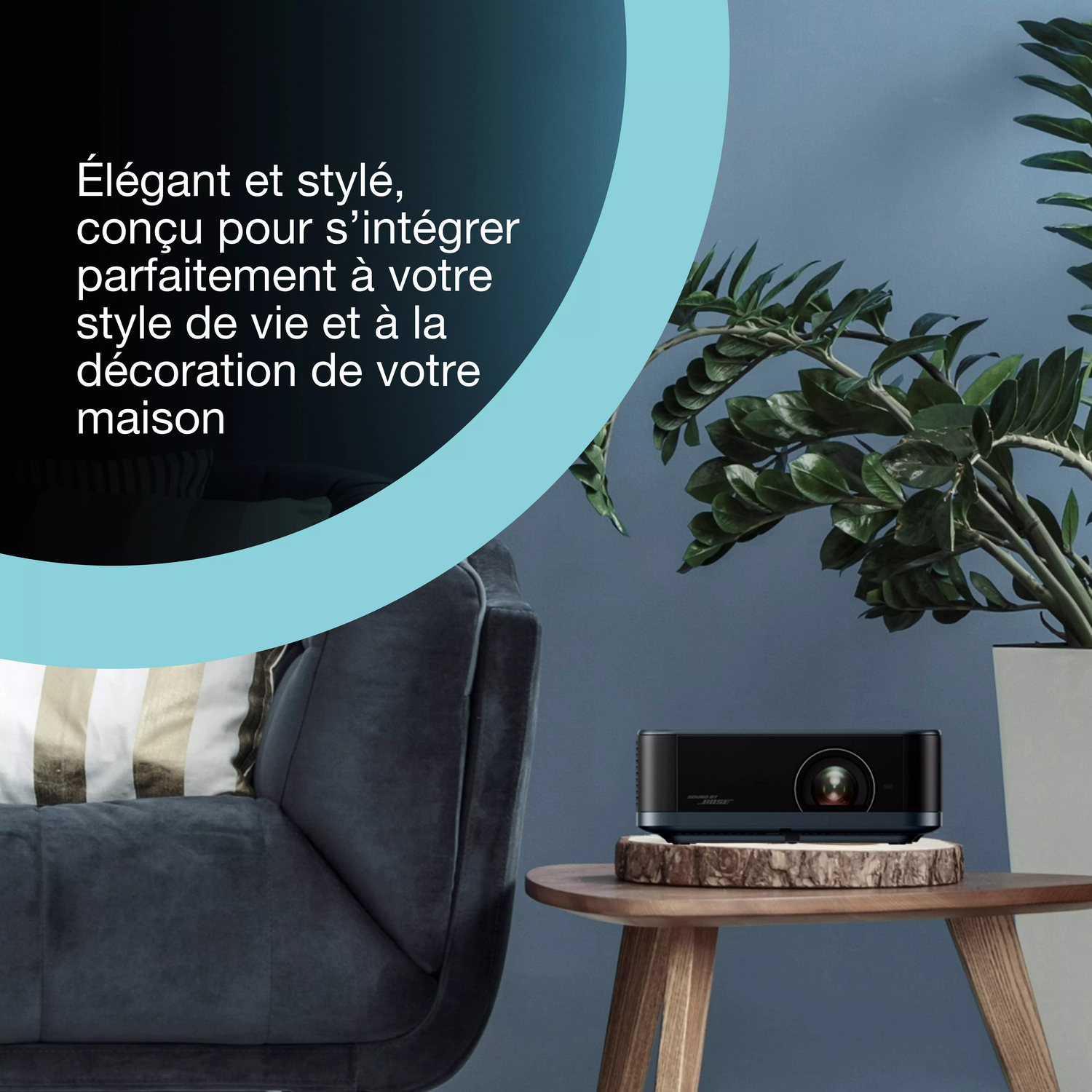 Un projecteur noir sur une table en bois. Une plante et un mur bleu foncé en arrière-plan. Texte en haut à gauche.