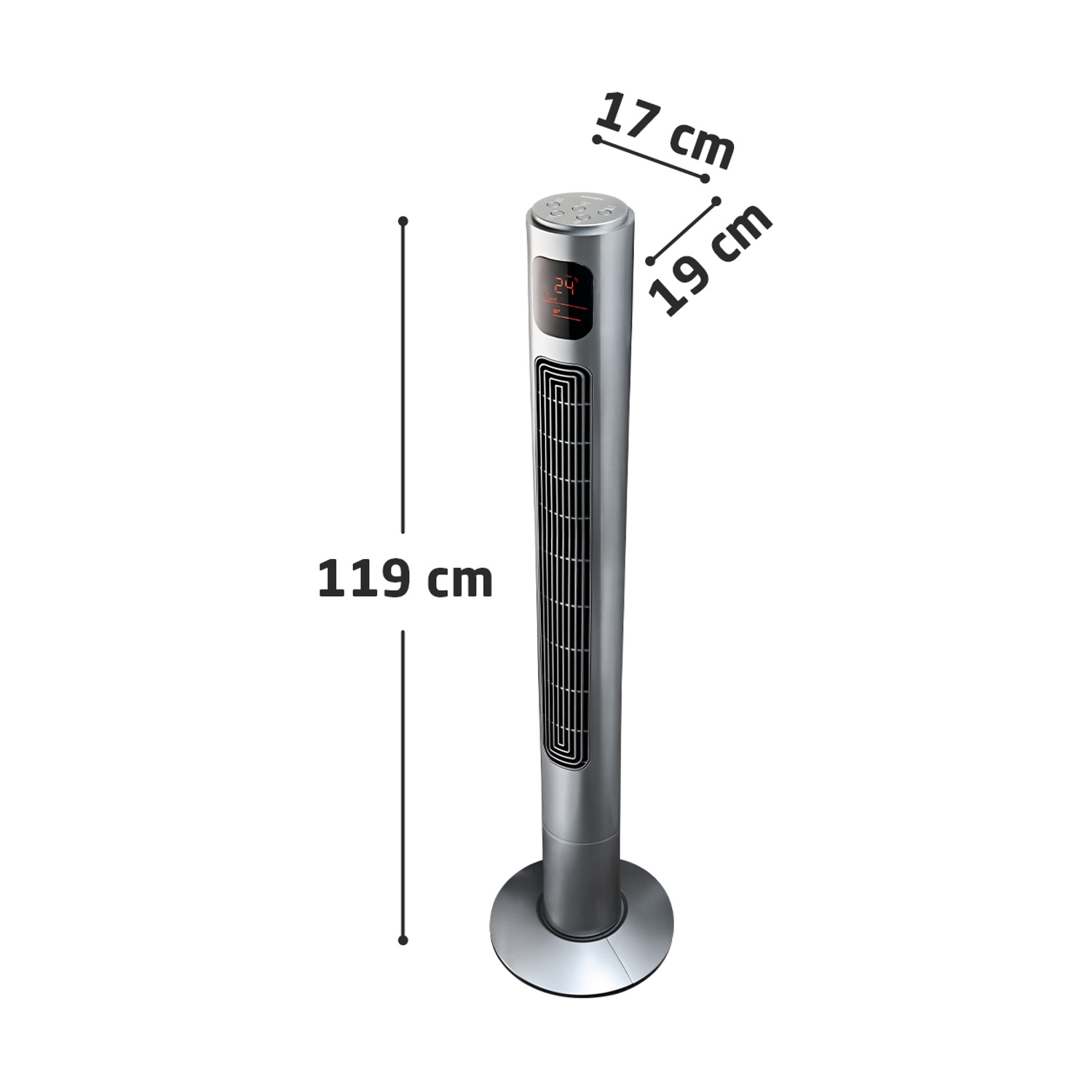 Un ventilatore a torre argentato con display digitale che mostra 24 gradi. Dimensioni: 119 cm altezza, 17 cm larghezza e 19 cm lunghezza. Sfondo bianco.