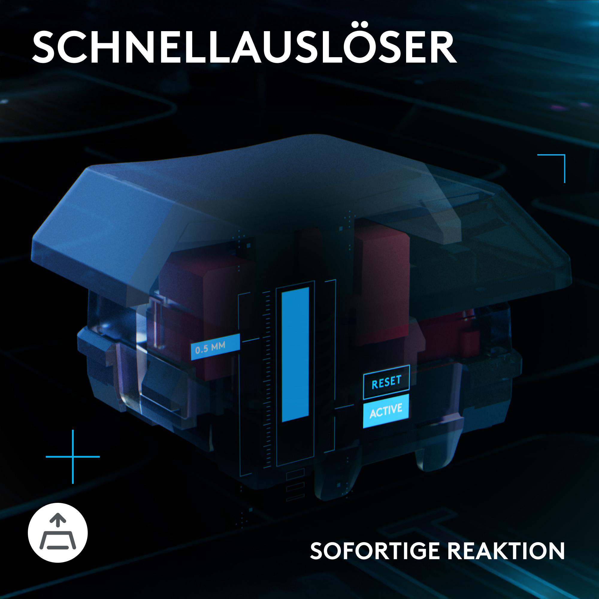 Detailliertes Diagramm eines Tastaturschalters. Es zeigt die internen Komponenten und Messungen, mit Text auf Deutsch und Englisch.