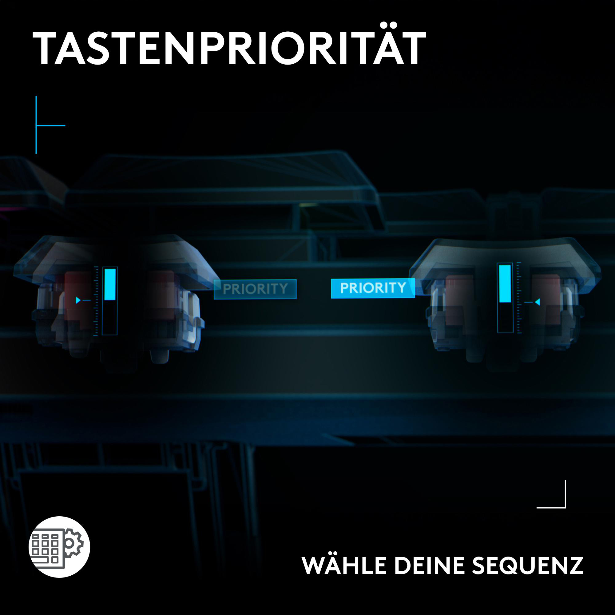 Das Bild zeigt zwei Tastenschalter mit Prioritätsauswahl. Text auf Deutsch lautet 'TASTENPRIORITÄT' und 'WÄHLE DEINE SEQUENZ'.