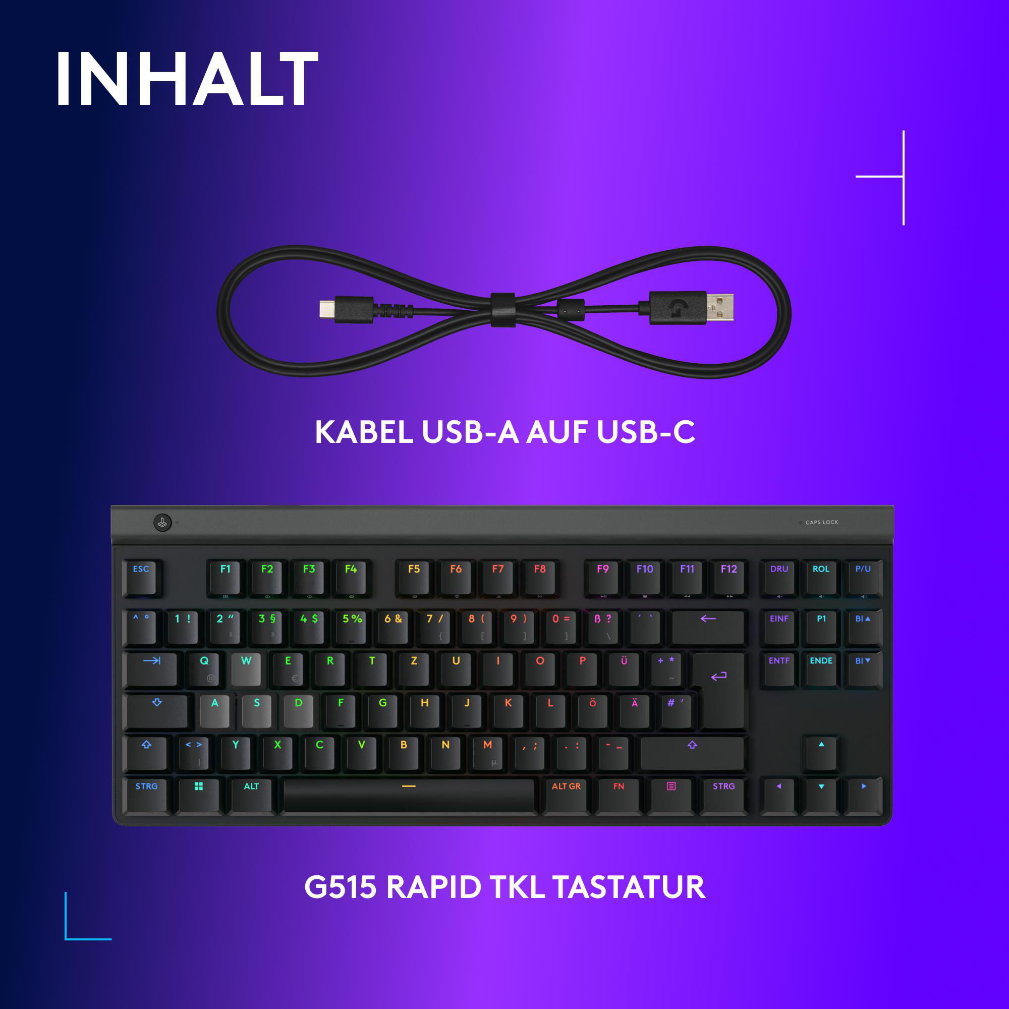 Das Bild zeigt eine schwarze Tastatur mit einem USB-A-zu-USB-C-Kabel. Die Tastatur hat weiße Tastenbeschriftung auf lila Hintergrund.