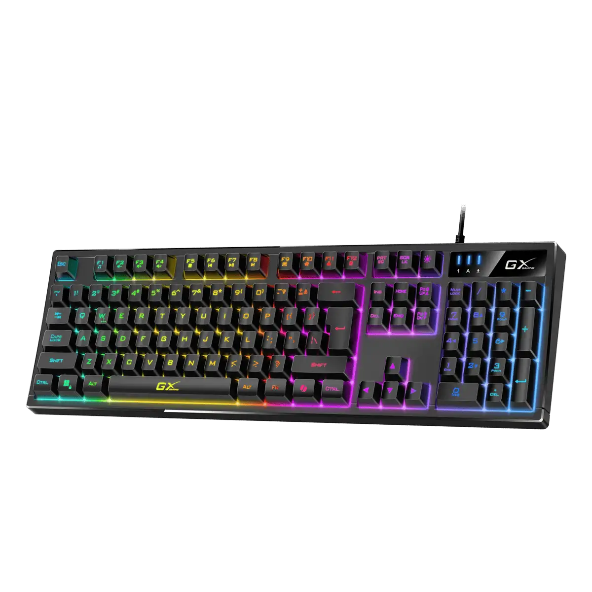 Egy fekete GX gaming billentyűzet színes LED-es lámpákkal. A billentyűk betűkkel, számokkal és szimbólumokkal vannak feliratozva. USB kábellel rendelkezik.