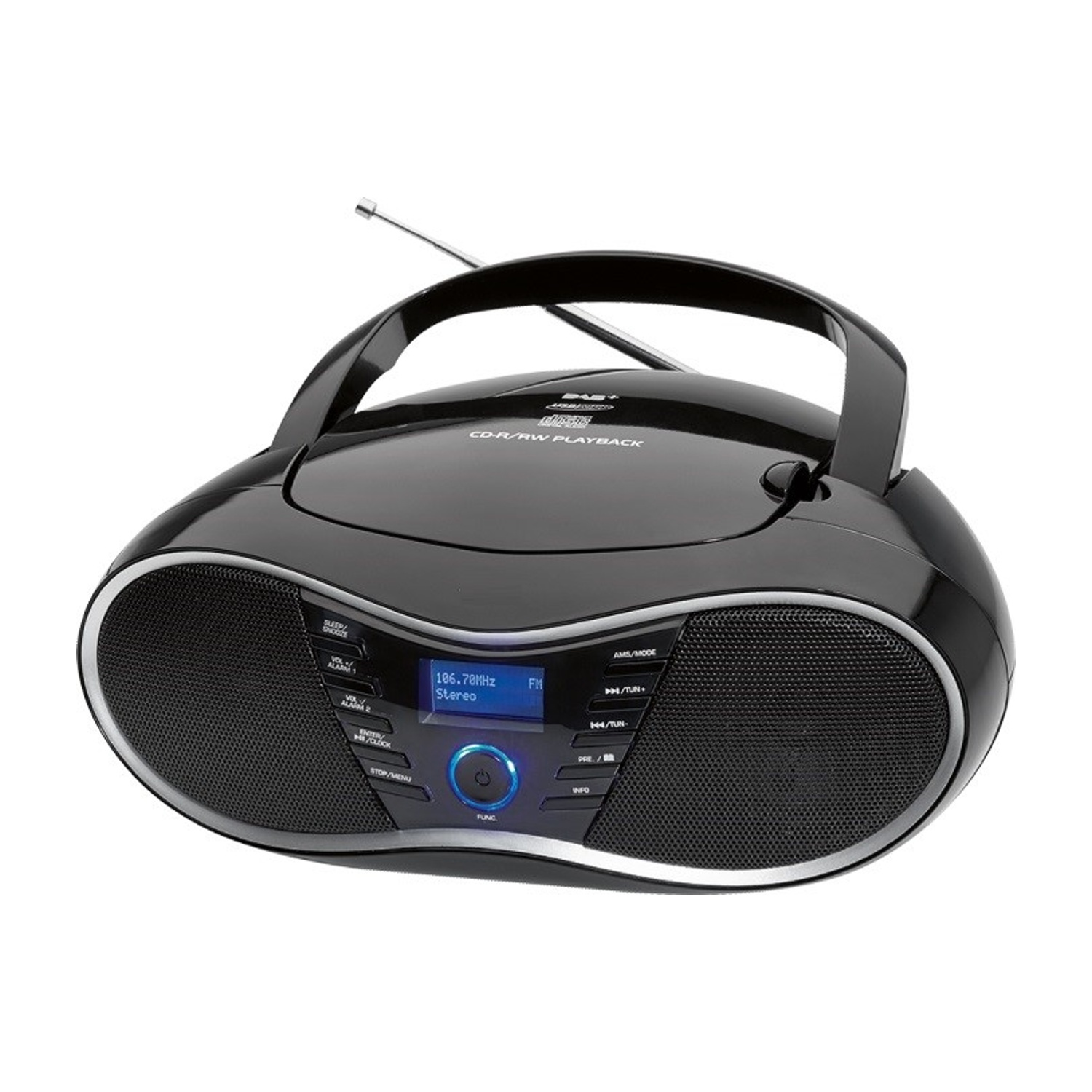 Un lettore CD portatile nero con maniglia e antenna radio. Ha un display digitale che mostra la frequenza radio.