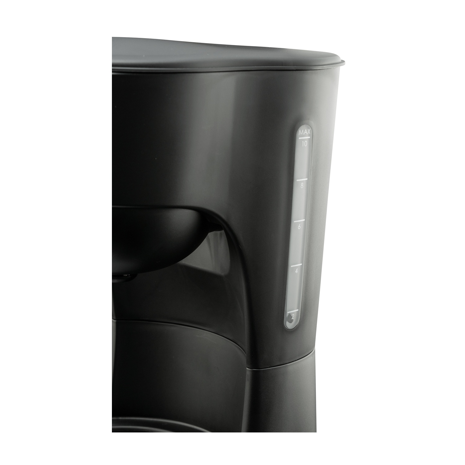 Primo piano di una caffettiera nera. Visibile l'indicatore del livello dell'acqua con MAX 10. Lo sfondo è bianco.