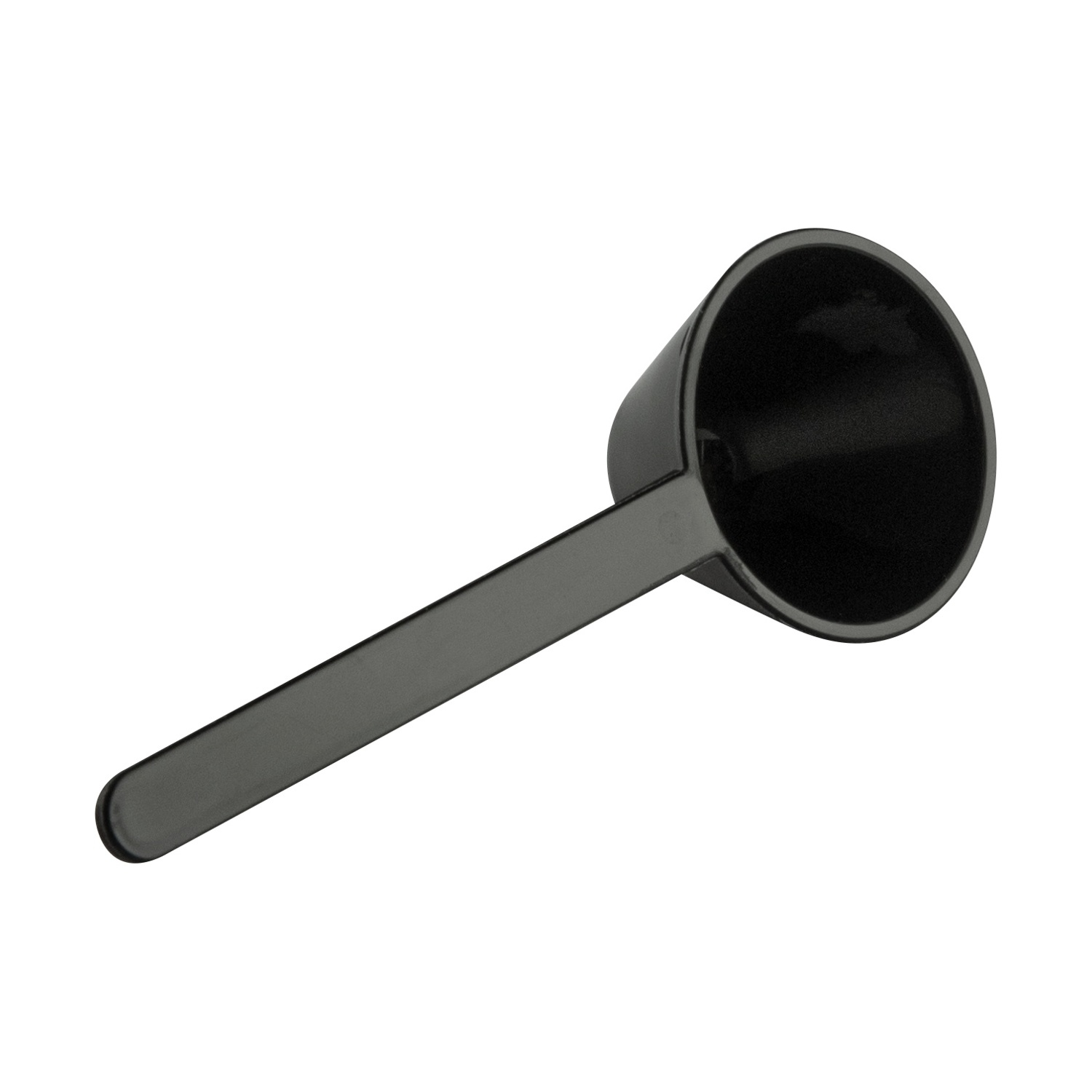 Un misurino nero su sfondo bianco. Il misurino ha un lungo manico e una coppa cilindrica.