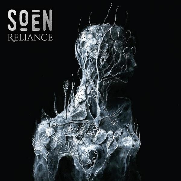 Kunstwerk zeigt eine Figur mit pflanzenartigen Strukturen, die mit dem Körper verschmelzen. Der Titel 'SOEN RELIANCE' steht oben links.