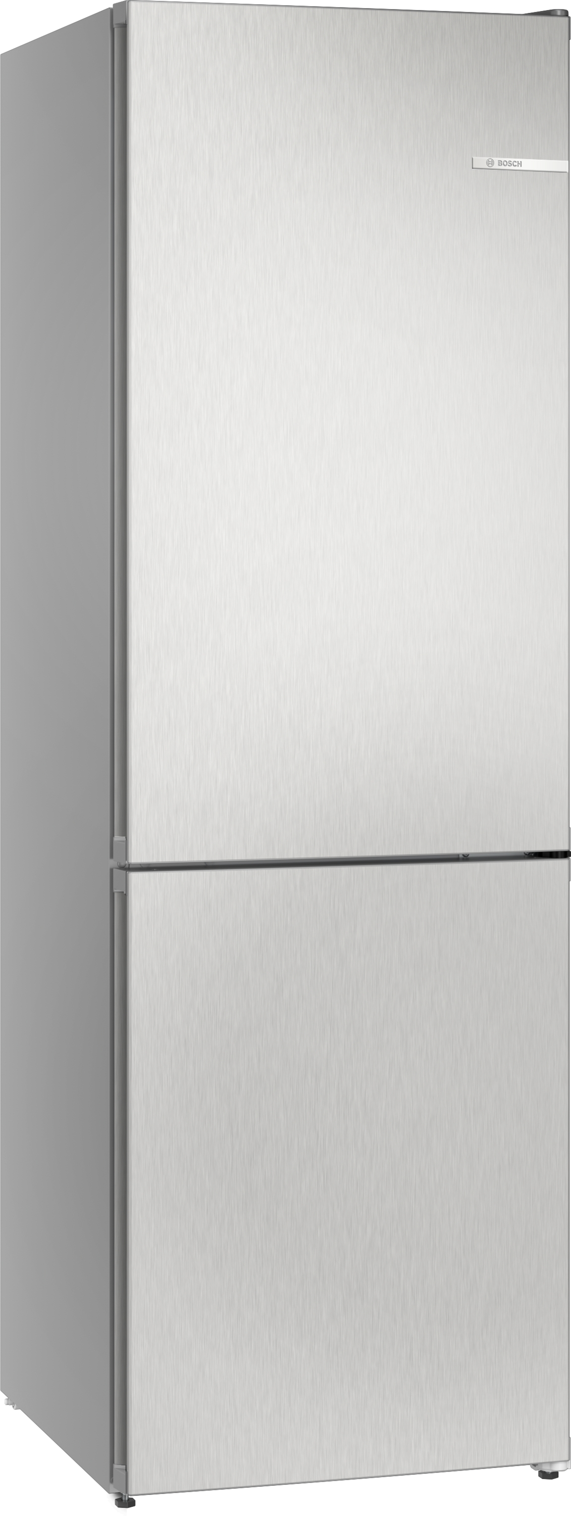Ein Edelstahlkühlschrank mit oberer und unterer Tür. Das Bosch-Logo ist auf der oberen rechten Tür zu sehen.
