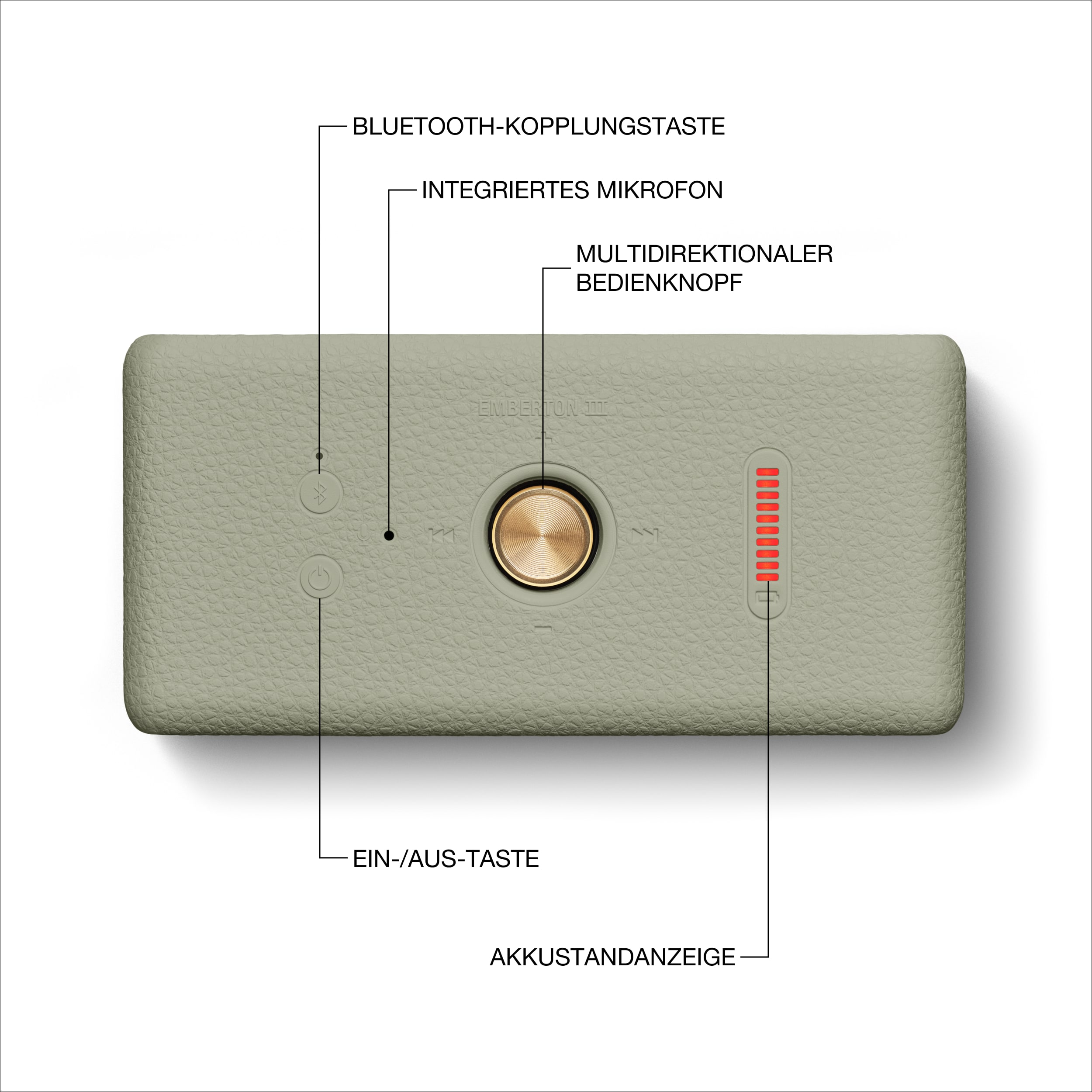 Ein grüner Lautsprecher mit Tasten für Bluetooth, Mikrofon, Steuerung und Akkuladestand. Mit goldenem Knopf.