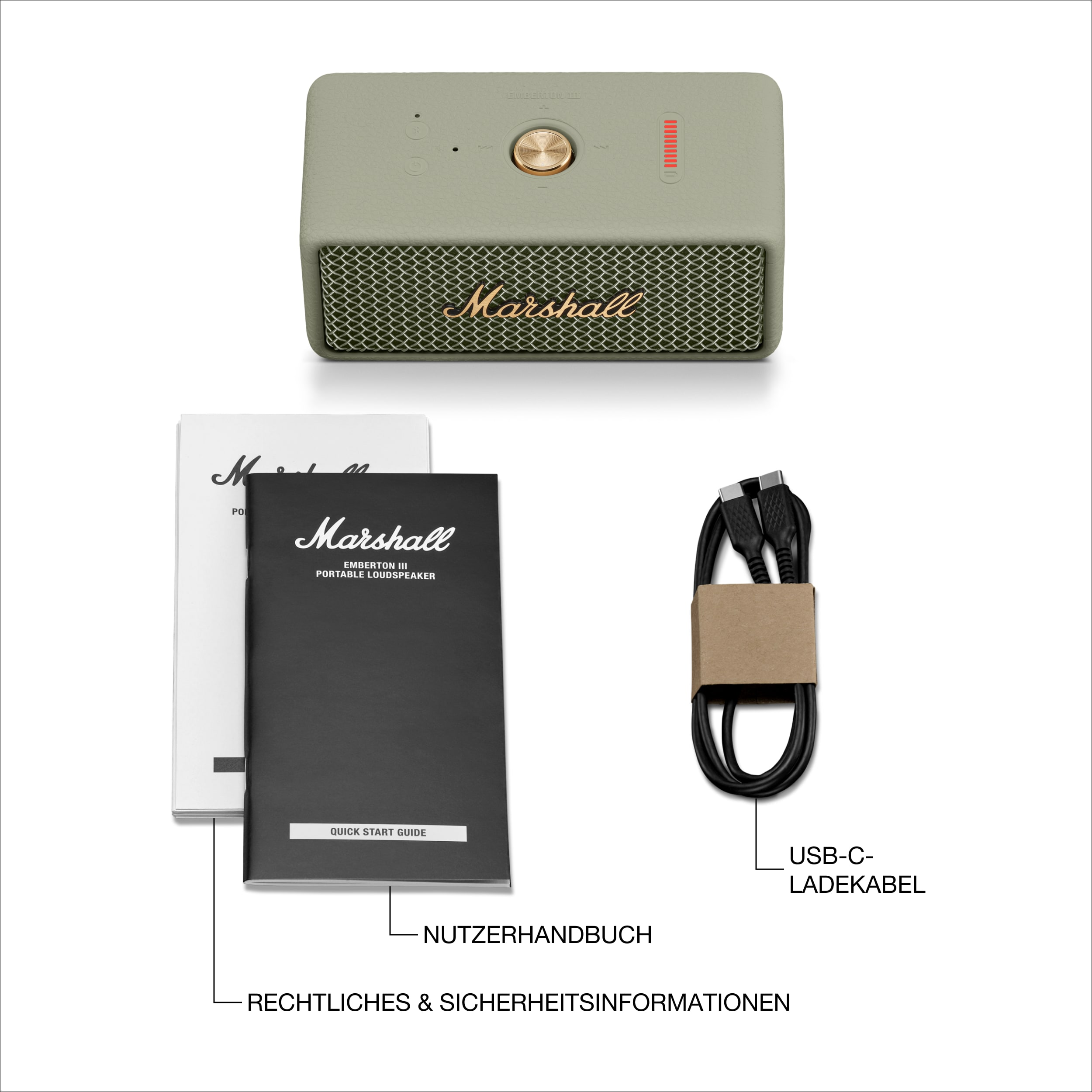 Ein olivgrüner Lautsprecher mit goldenen Akzenten, ein Benutzerhandbuch und ein USB-C-Kabel werden auf weißem Hintergrund angezeigt.