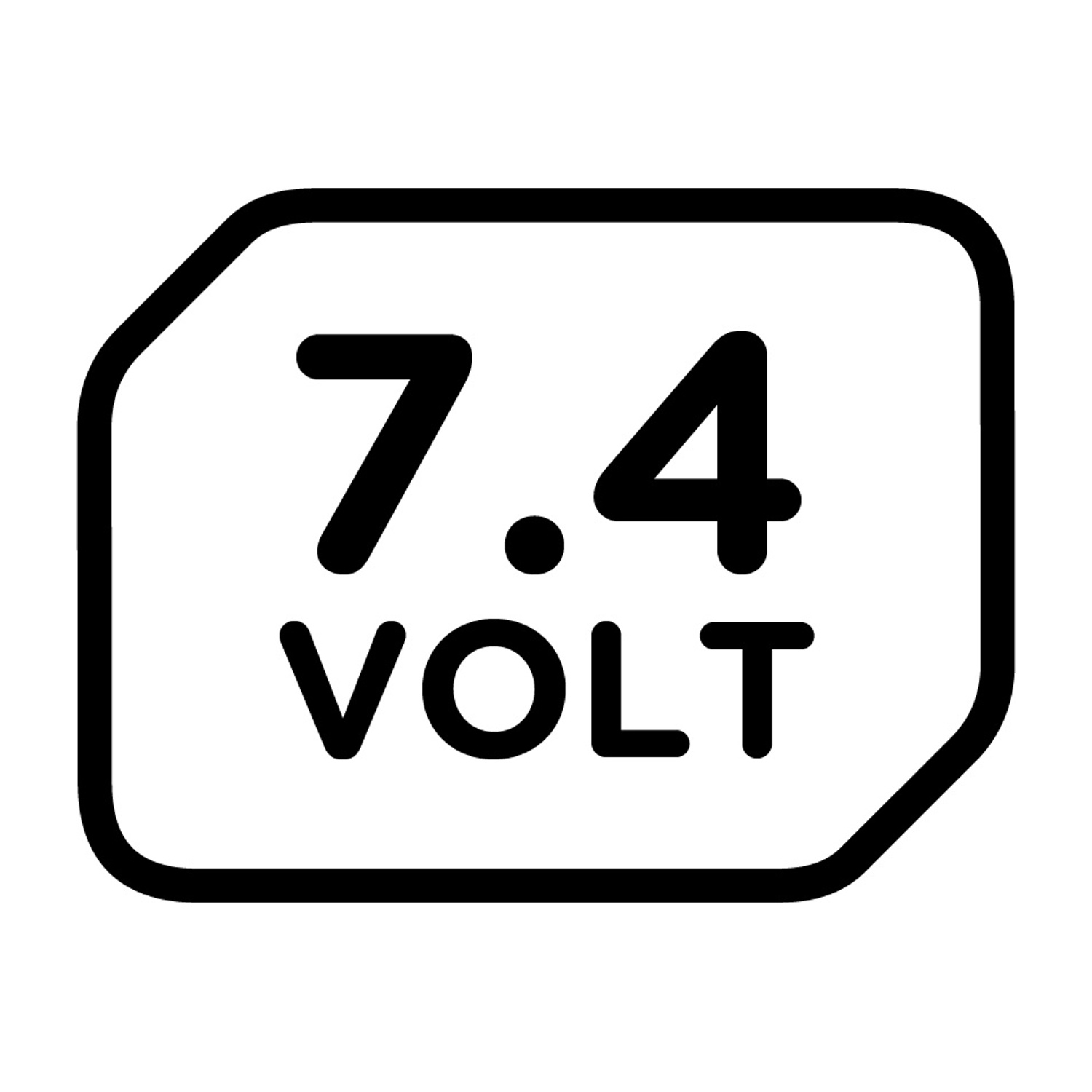 Un grafico in bianco e nero mostra "7.4 VOLT" all'interno di un rettangolo arrotondato. I numeri e il testo sono in grassetto.