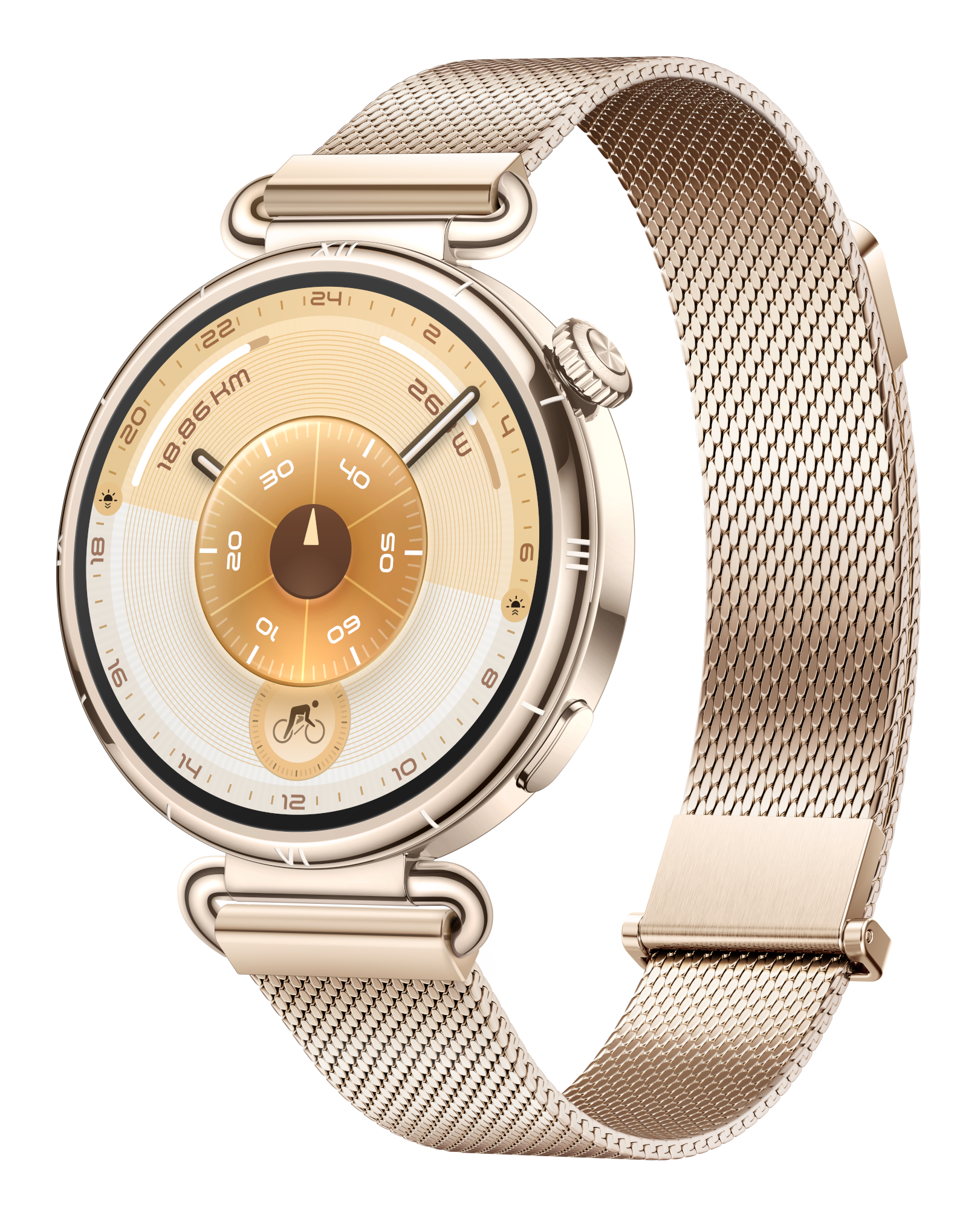 Złoty smartwatch z siatkowym paskiem na czarnym tle. Tarcza pokazuje czas, dystans i ikony aktywności.