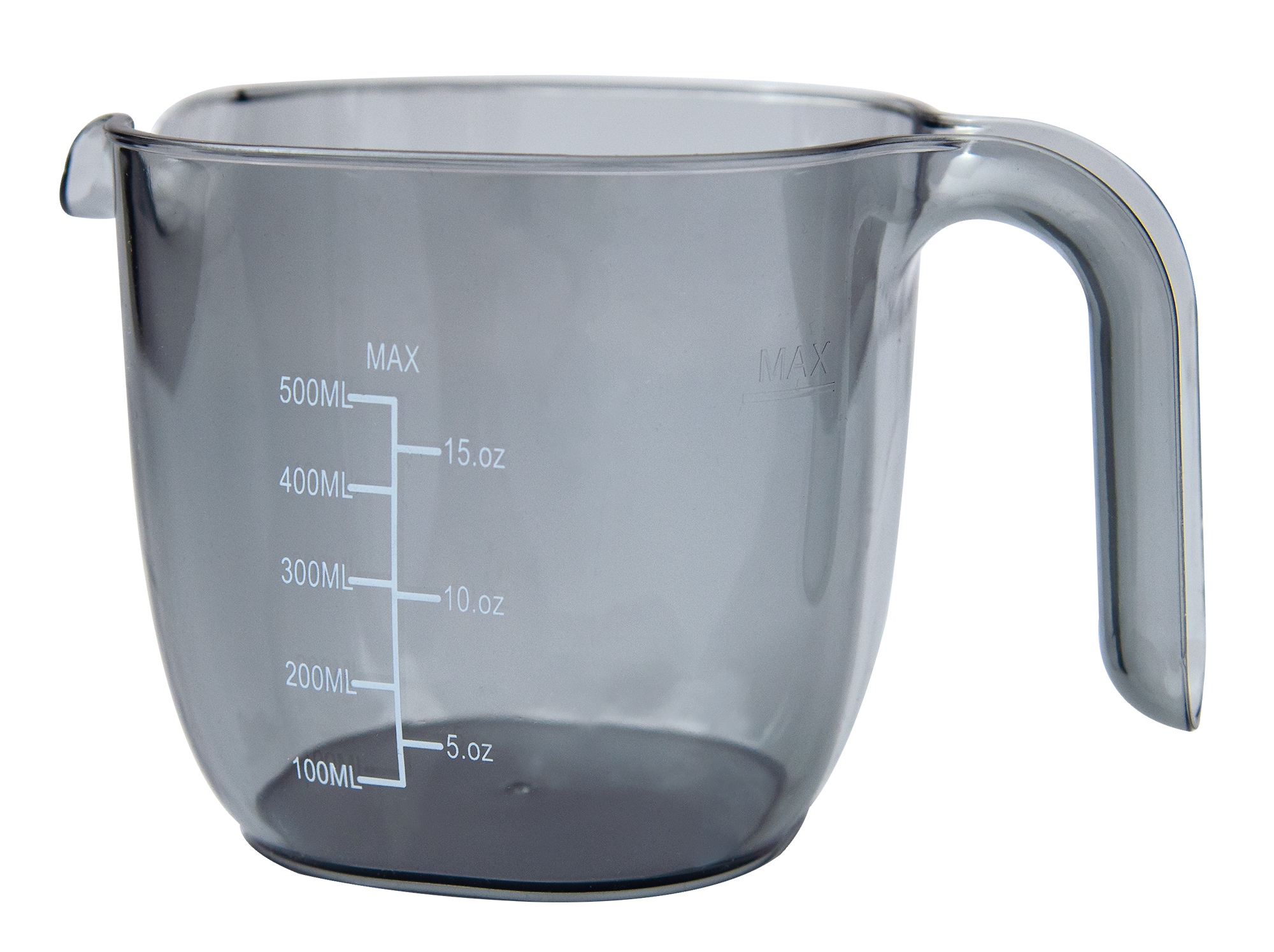 Ein klarer, grauer Messbecher mit Henkel. Er hat Volumenmarkierungen von 100 ml bis 500 ml. Der Hintergrund ist weiß.