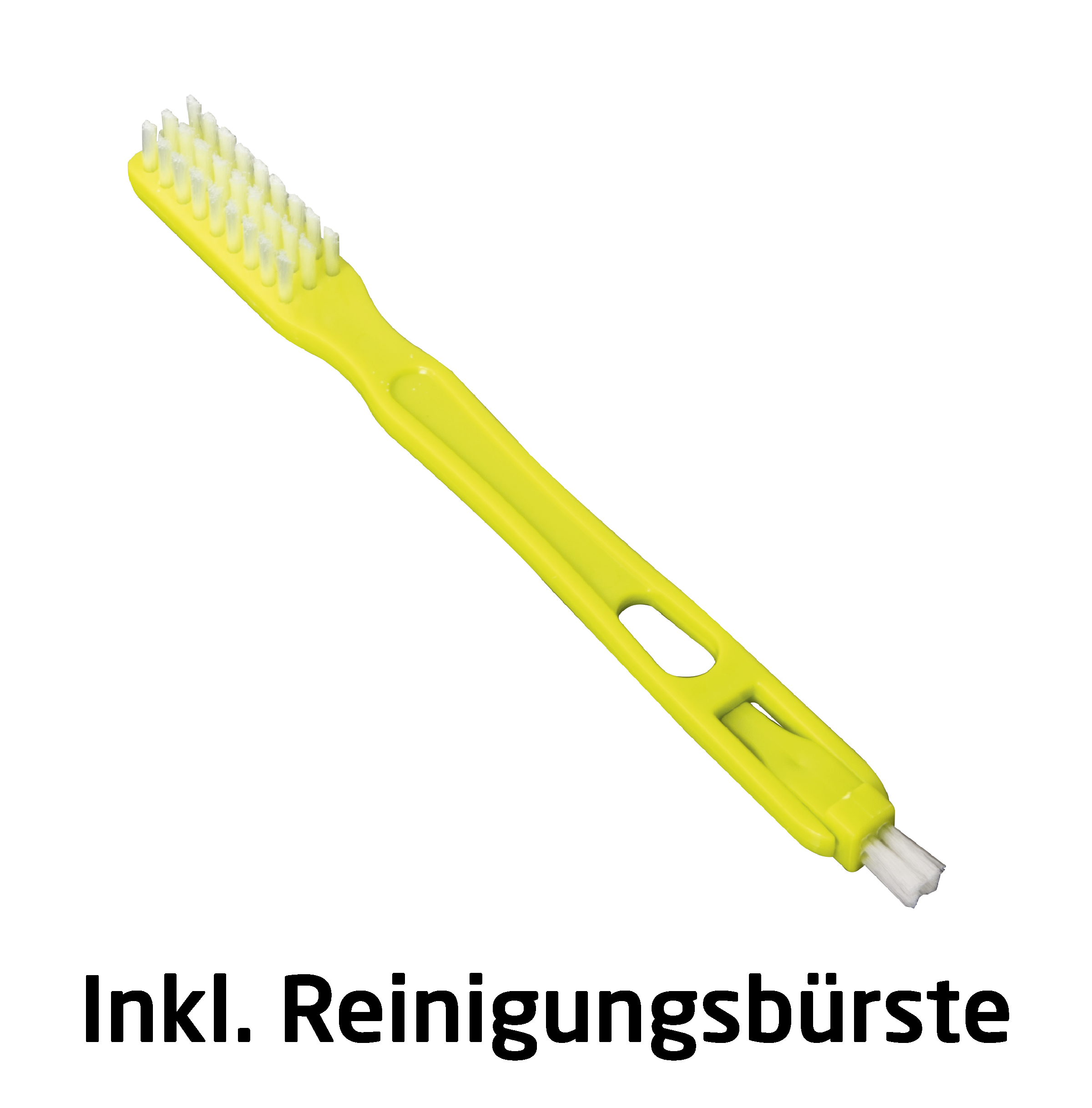 Eine gelbe Reinigungsbürste mit weißen Borsten. Text 'Inkl. Reinigungsbürste' steht unten.
