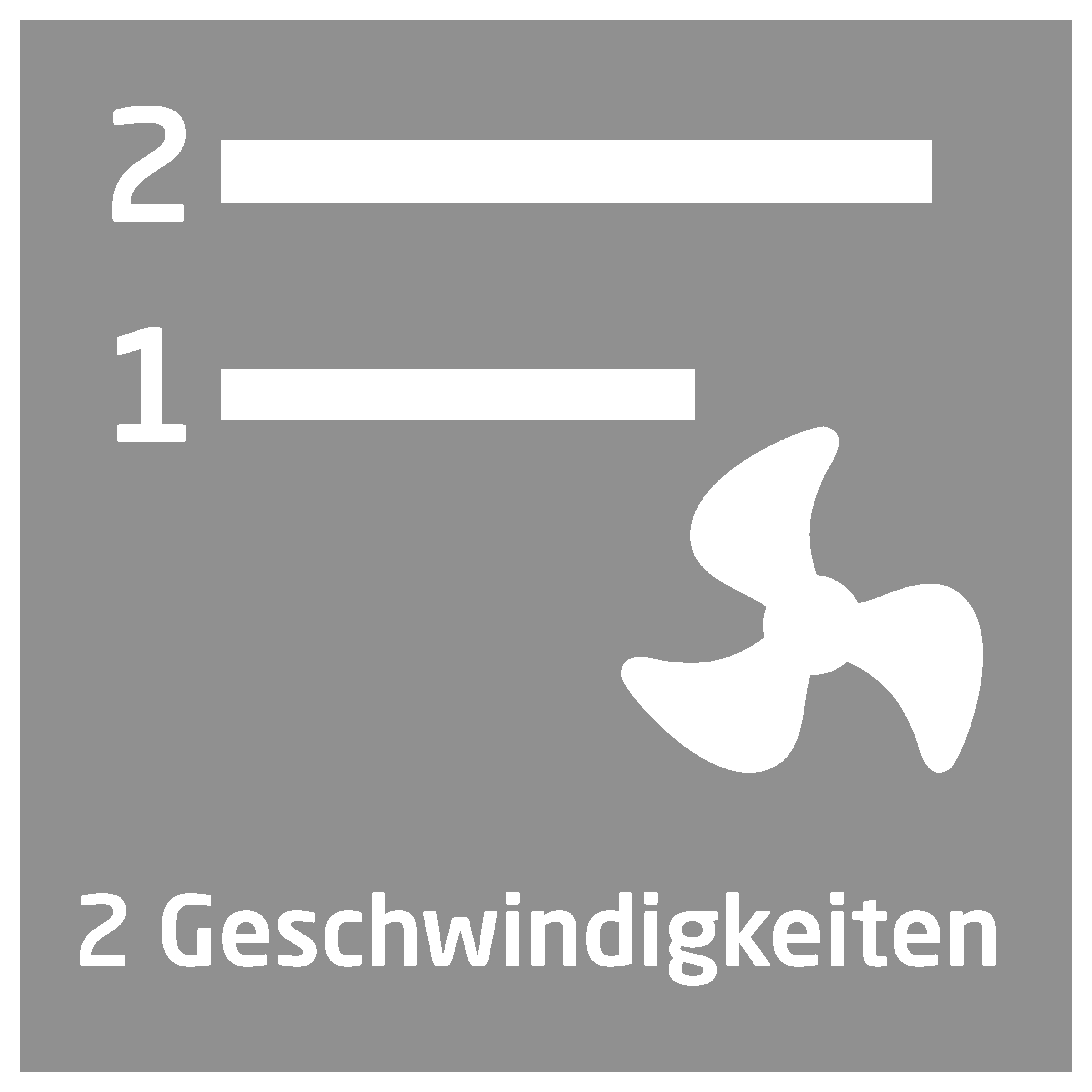 Ein graues Quadrat mit den weißen Zahlen 1 und 2, horizontalen Balken und einem Lüftersymbol. Text: '2 Geschwindigkeiten'.