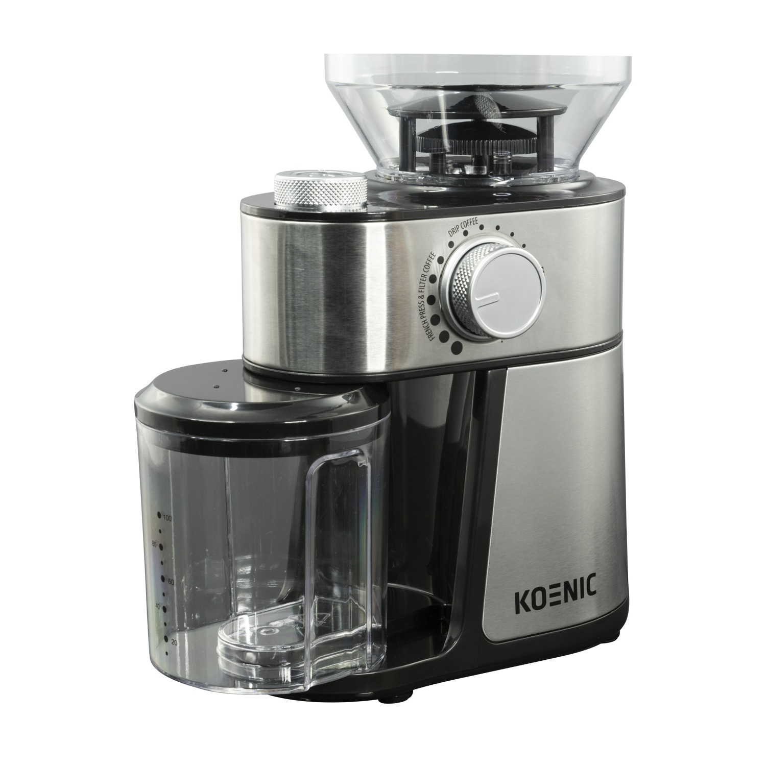 Un macinacaffè Koenic argento e nero. Ha una tramoggia trasparente, un quadrante per le impostazioni e un contenitore per il caffè macinato.
