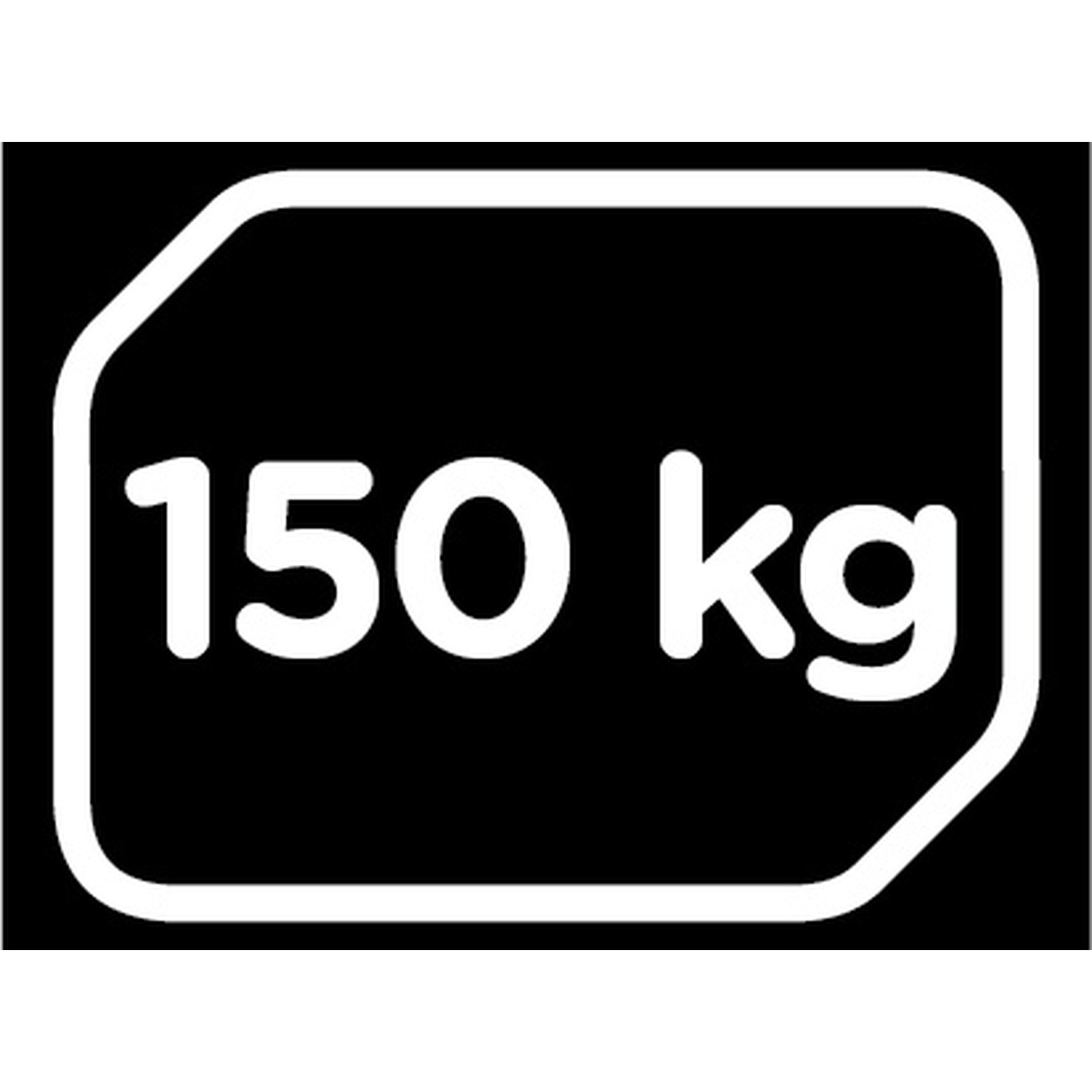 Testo bianco '150 kg' all'interno di un rettangolo con bordi bianchi e angoli arrotondati su sfondo nero.