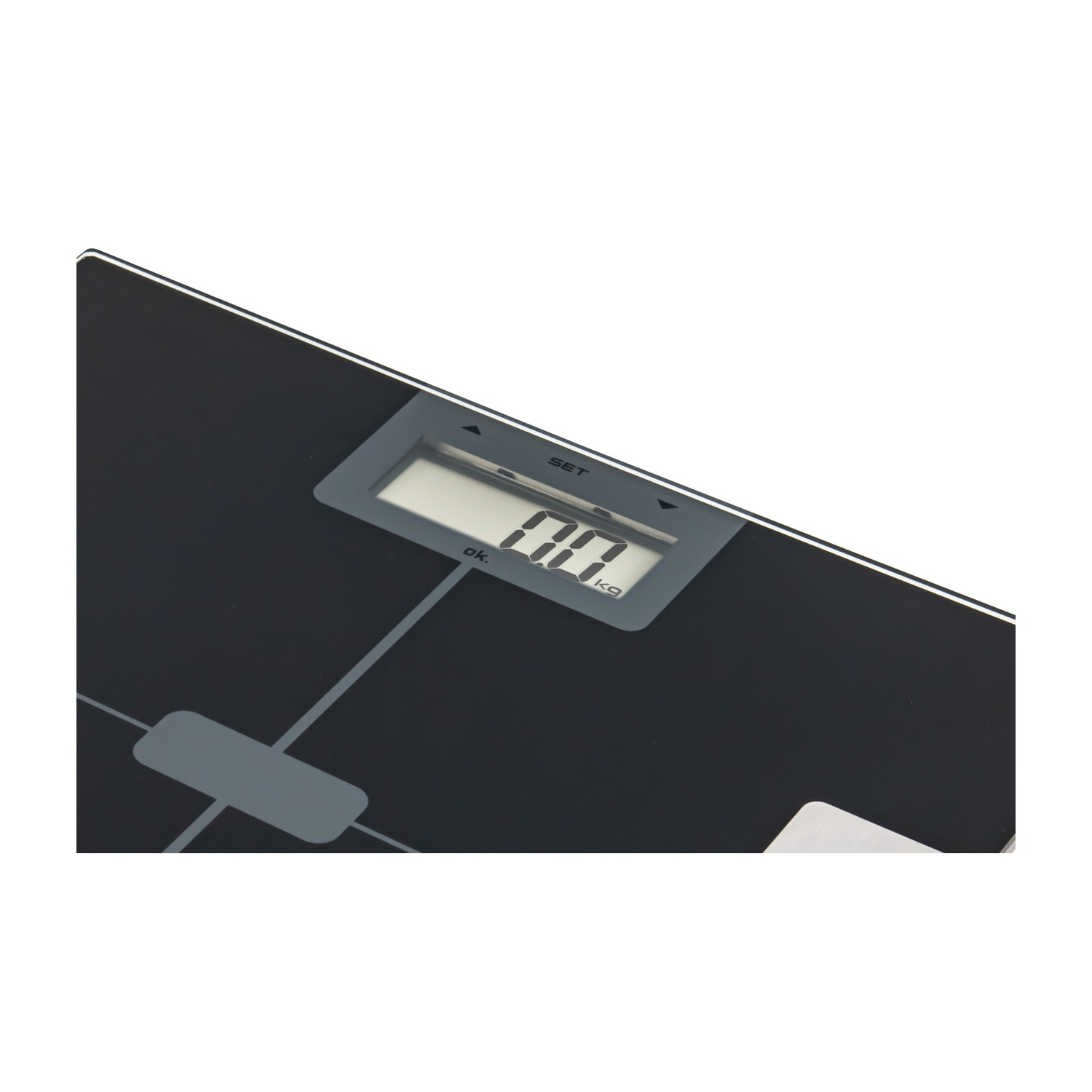 Una bilancia digitale con superficie nera e display digitale che mostra '0,0 kg'.