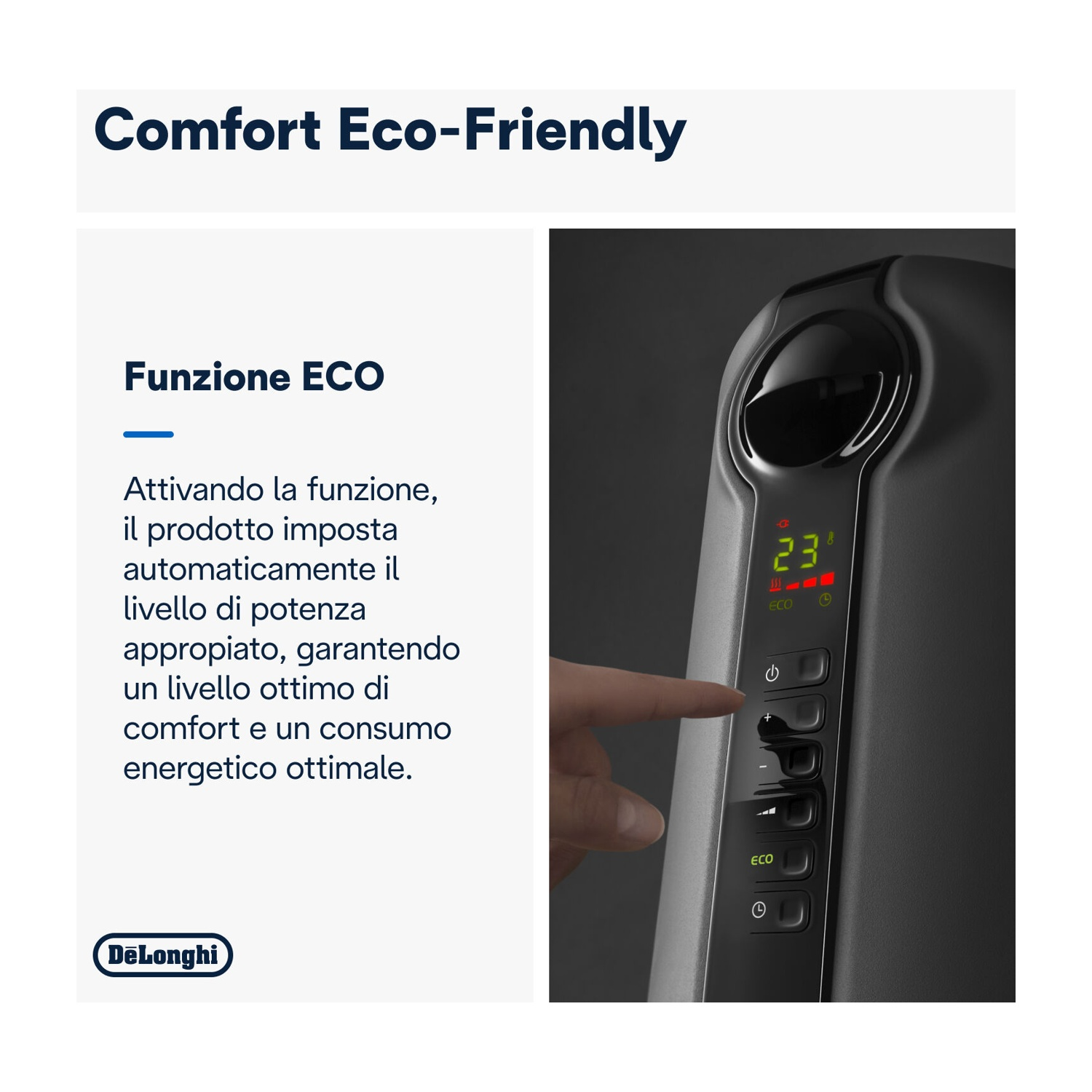 Un termoventilatore nero con display digitale che mostra 23 gradi. Una mano preme un pulsante. Testo: 'Comfort Eco-Friendly' e 'Funzione ECO'.
