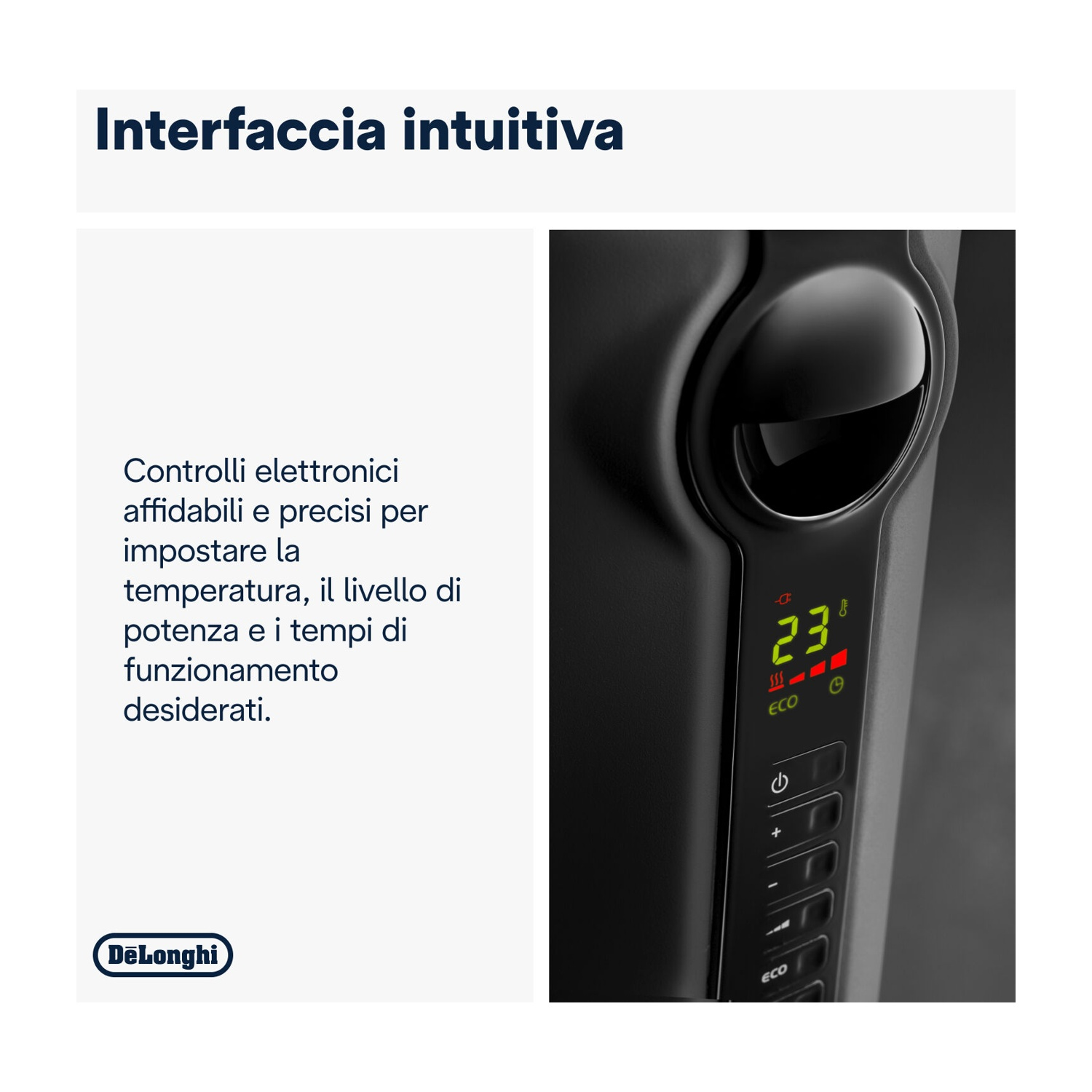 Primo piano del pannello di controllo di un riscaldatore nero con display illuminato che mostra la temperatura e i pulsanti di controllo. Il logo DeLonghi è in basso.