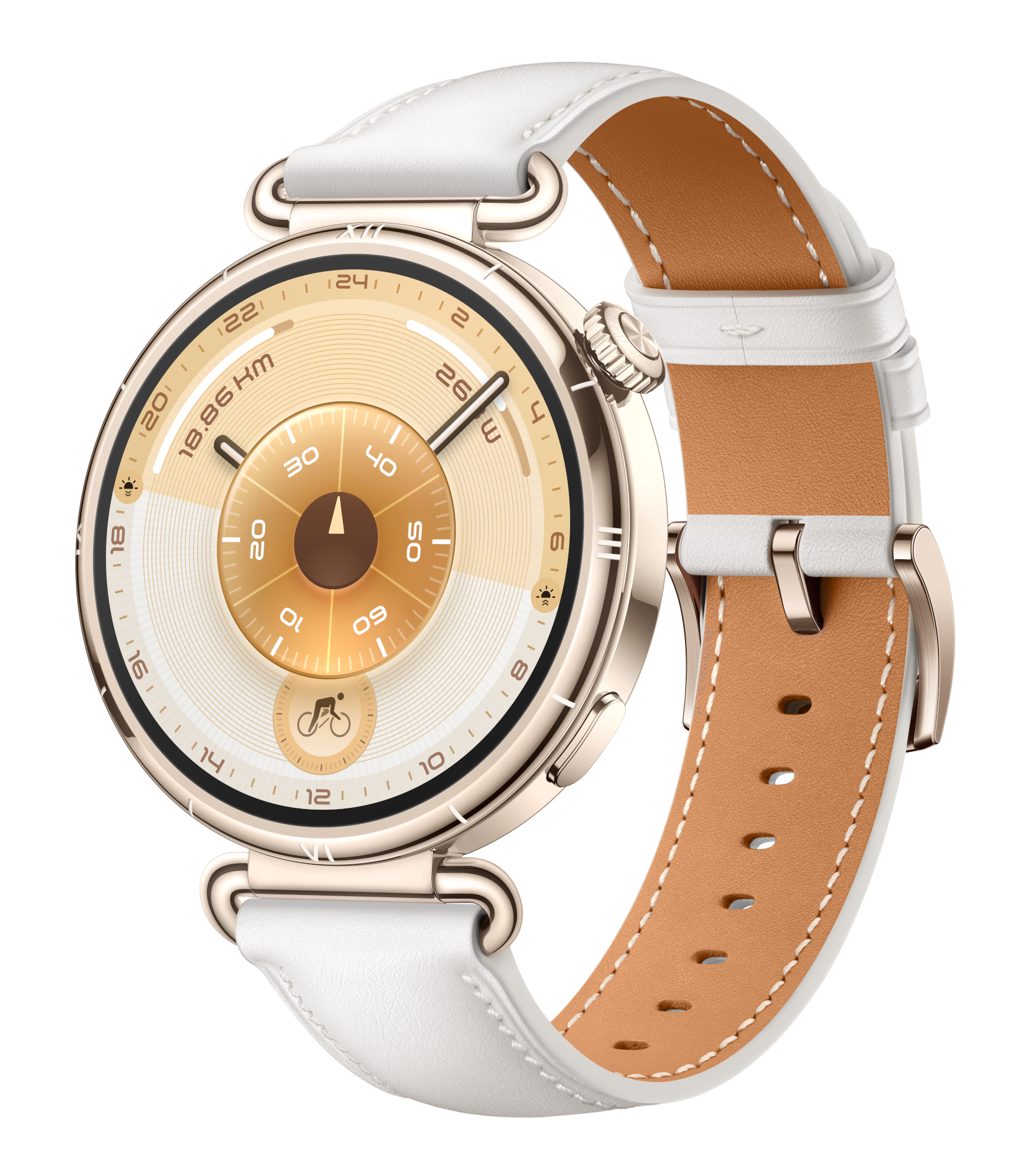 Złoty zegarek na rękę z białym skórzanym paskiem i brązowym skórzanym paskiem wewnętrznym. Tarcza zegarka jest złota i biała.