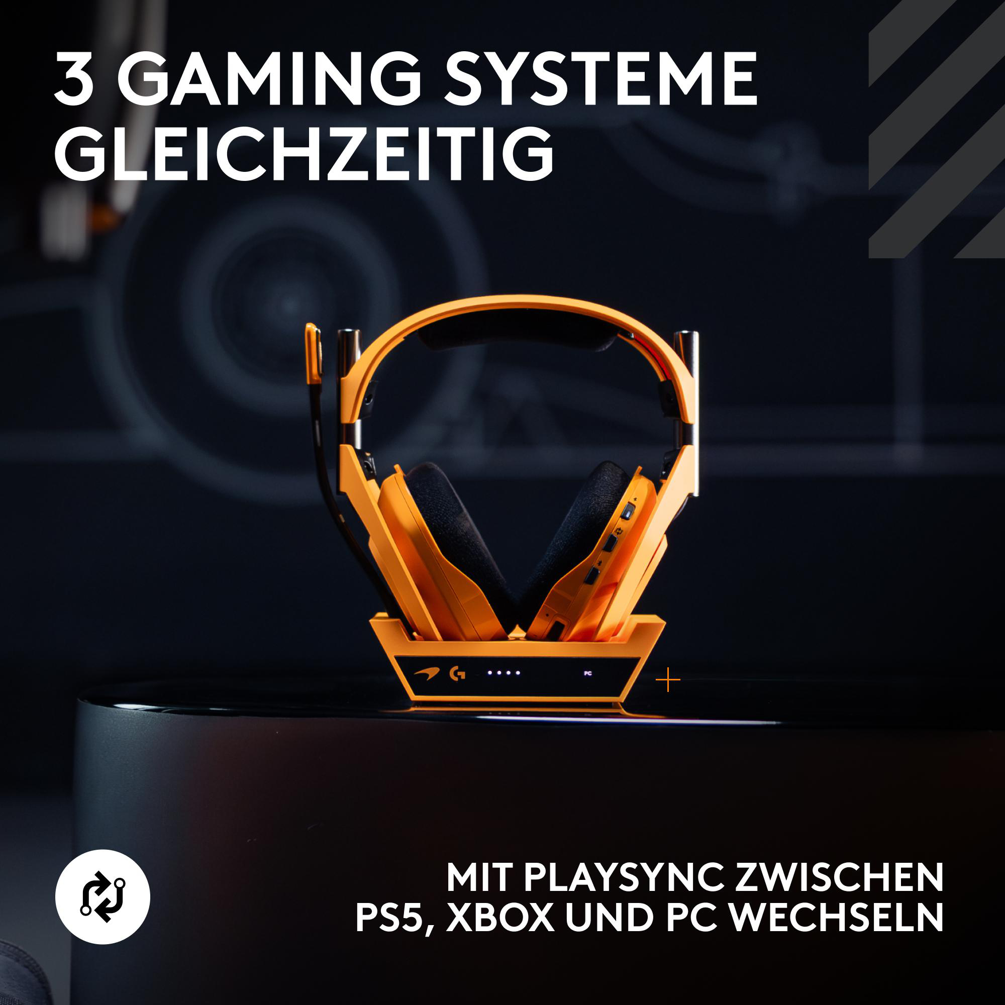 Oranges Gaming-Headset auf schwarzem Untergrund. Text: 3 Gaming-Systeme gleichzeitig. Playsync zwischen PS5, Xbox und PC.