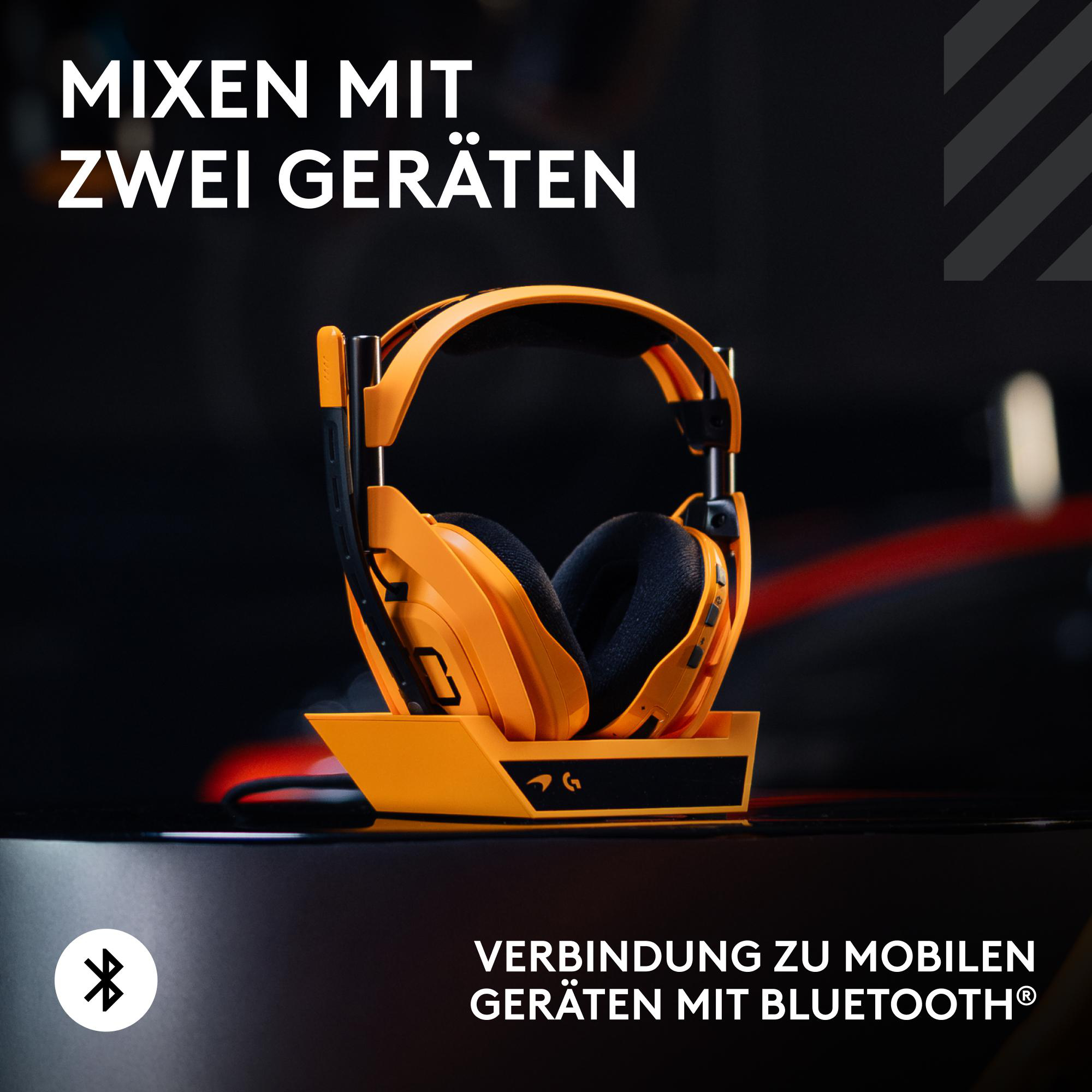 Orangenes und schwarzes Gaming-Headset auf einem Ständer, mit Bluetooth-Symbol und Text zum Mischen von Geräten und Bluetooth.