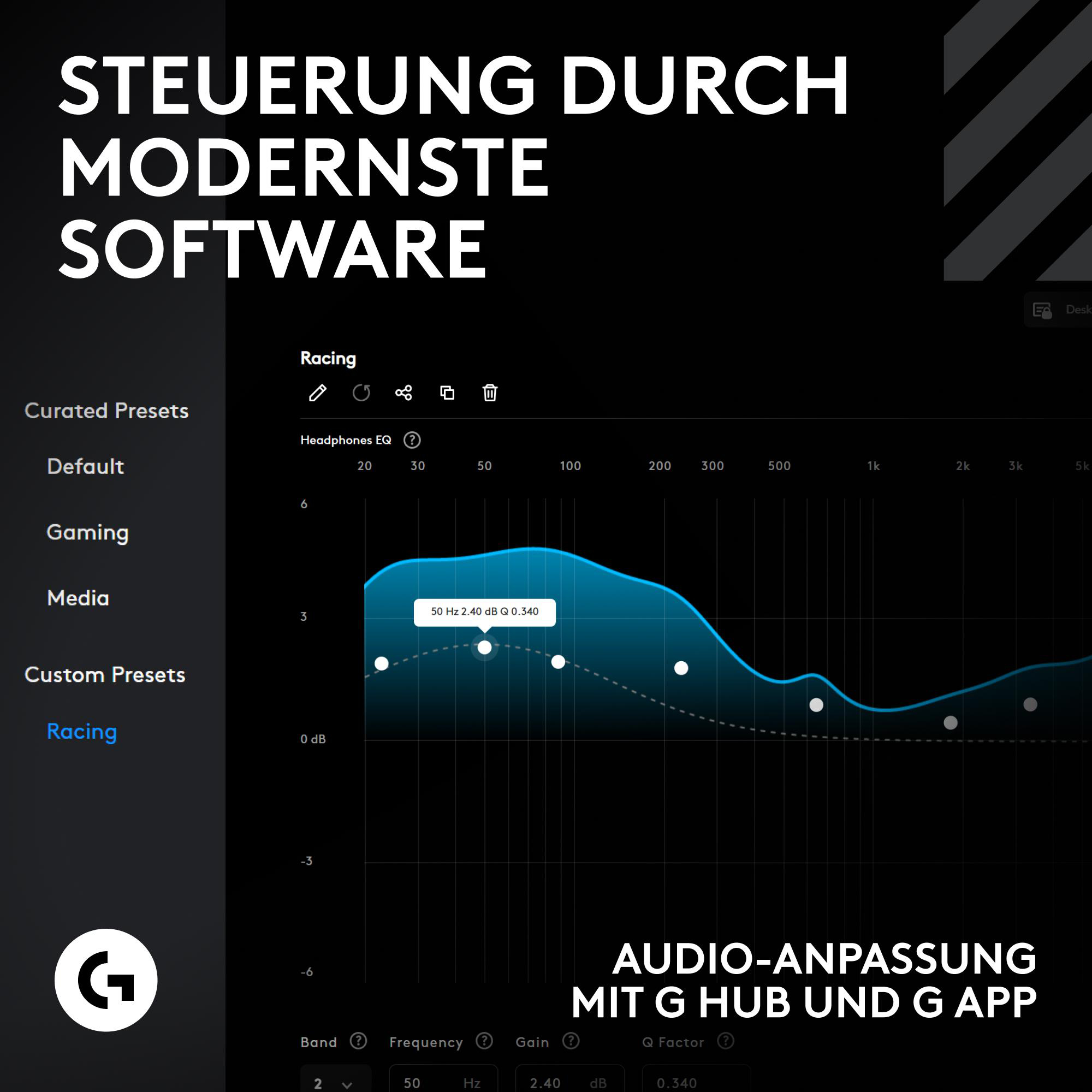 Die Benutzeroberfläche zeigt Audioanpassungsoptionen mit einem blauen Liniendiagramm, G-Logo und Text zur Softwaresteuerung.