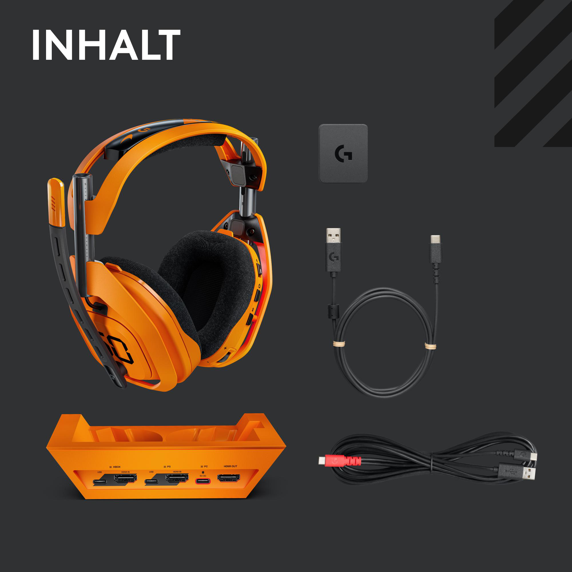 Oranges Gaming-Headset, Basisstation, Kabel und Empfänger auf grauem Hintergrund, beschriftet mit INHALT.