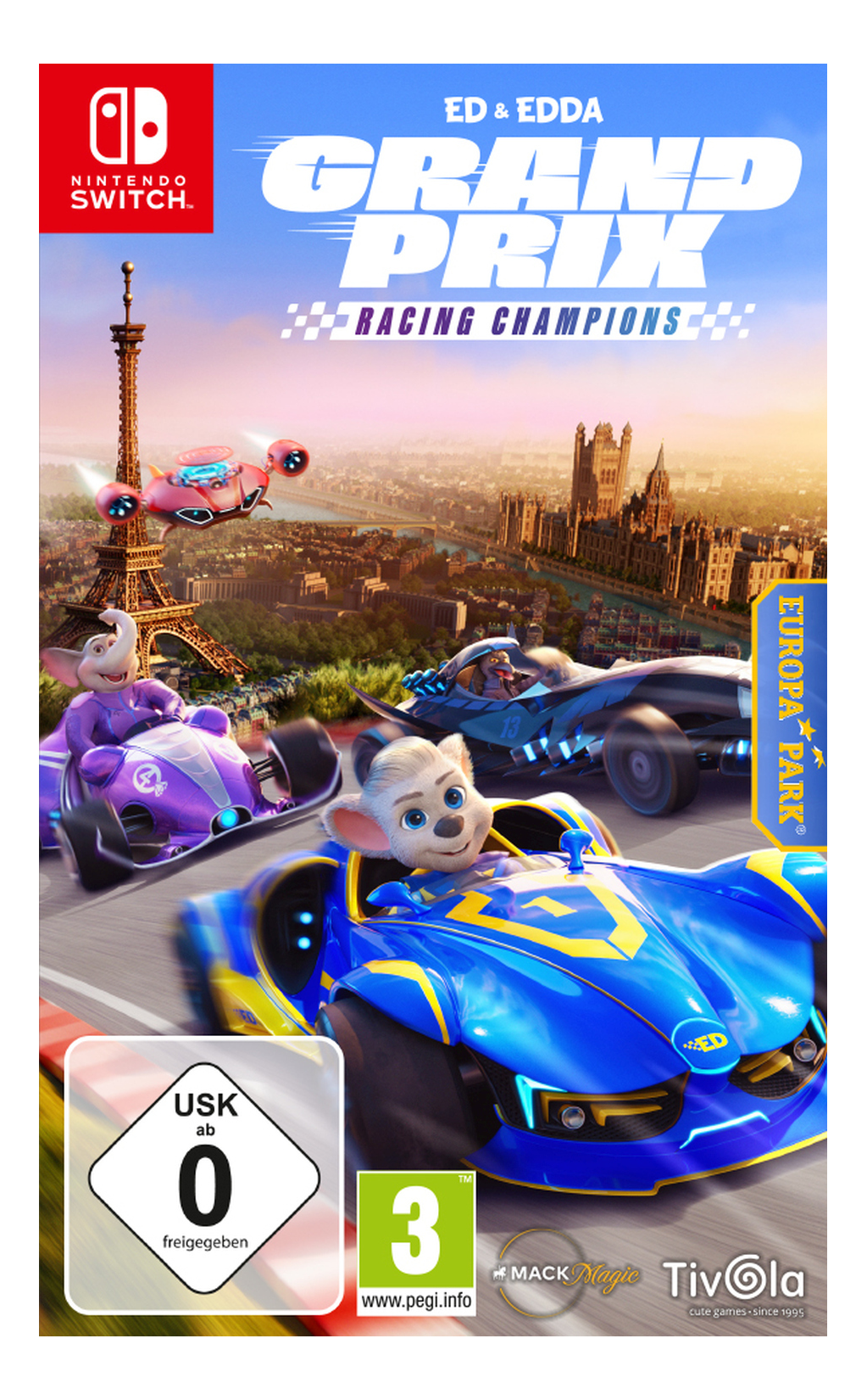 Couverture du jeu : Ed & Edda Grand Prix Racing Champions. Des voitures courent avec des personnages animaux. Tour Eiffel et ville.