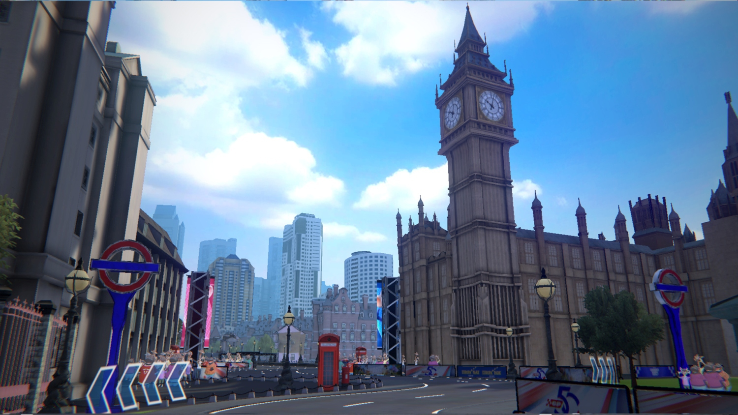 Big Ben et bâtiments londoniens sous un ciel bleu. Comprend des panneaux routiers, une cabine téléphonique rouge et des drapeaux.