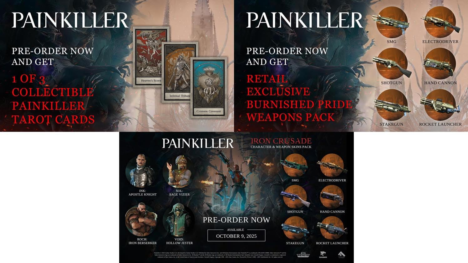 Image promotionnelle pour Painkiller, avec des cartes de tarot, des armes et des skins de personnages. Précommandez maintenant pour le 9 octobre 2025.