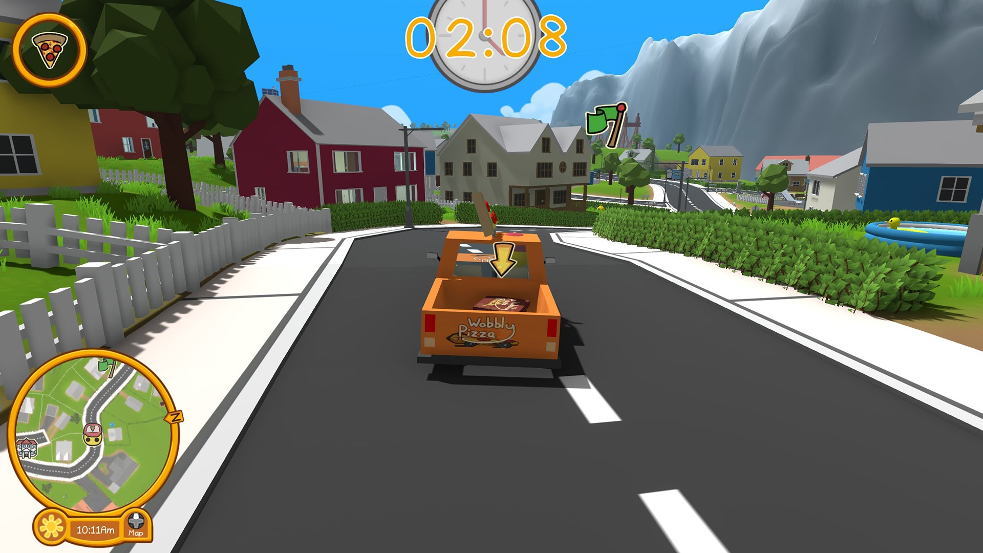 Un camion de livraison de pizzas orange roule sur une route dans un quartier de dessins animés. Des maisons, des arbres et une carte sont visibles.