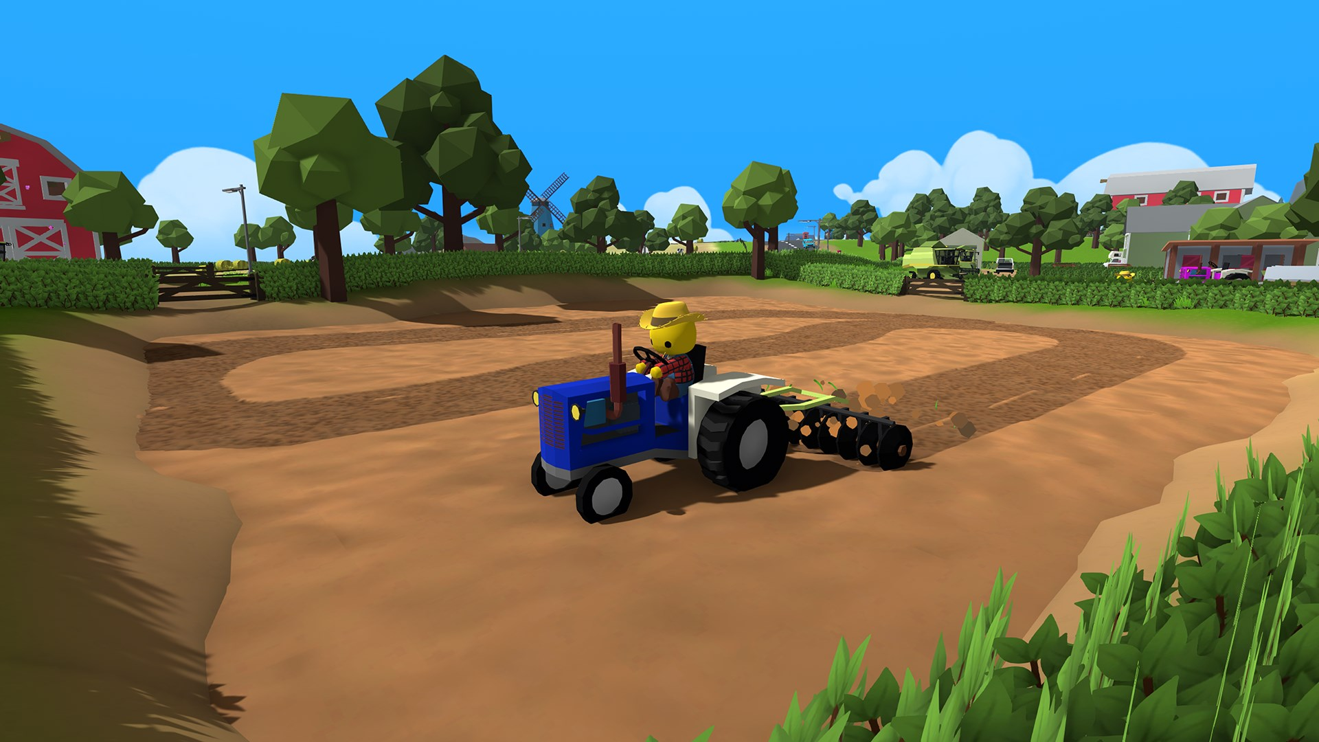 Un tracteur bleu avec un fermier laboure un champ. Une grange rouge, des arbres et un ciel bleu sont en arrière-plan de la ferme.