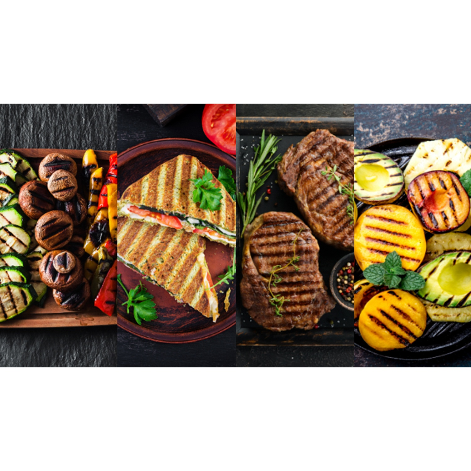 Un collage di cibo grigliato: verdure, un panino, bistecche e frutta grigliata. Ogni sezione presenta un piatto diverso, tutti appetitosi.