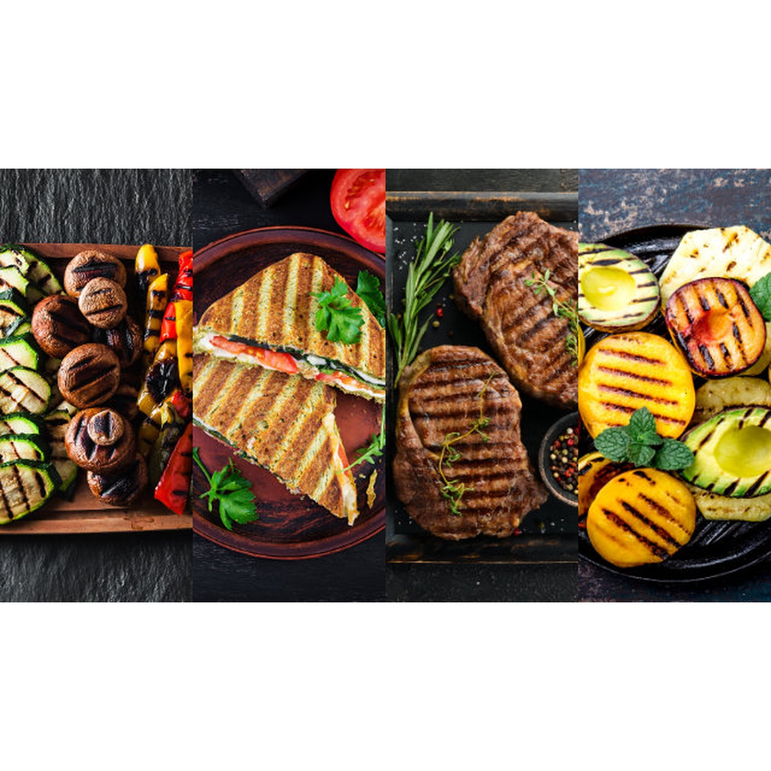 Verdure grigliate, funghi, un sandwich e bistecche con frutta grigliata, il tutto disposto su superfici scure.