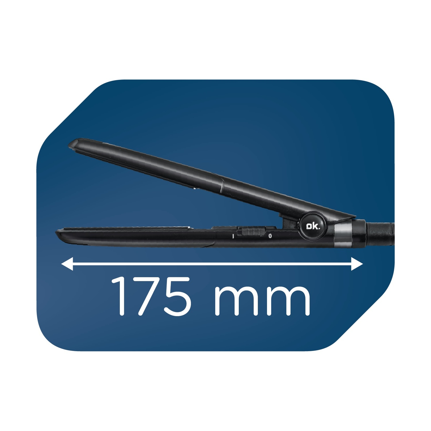 Una piastra per capelli nera con l'etichetta 'ok.' e una misura di 175 mm. È contro un rettangolo blu scuro arrotondato su sfondo bianco.