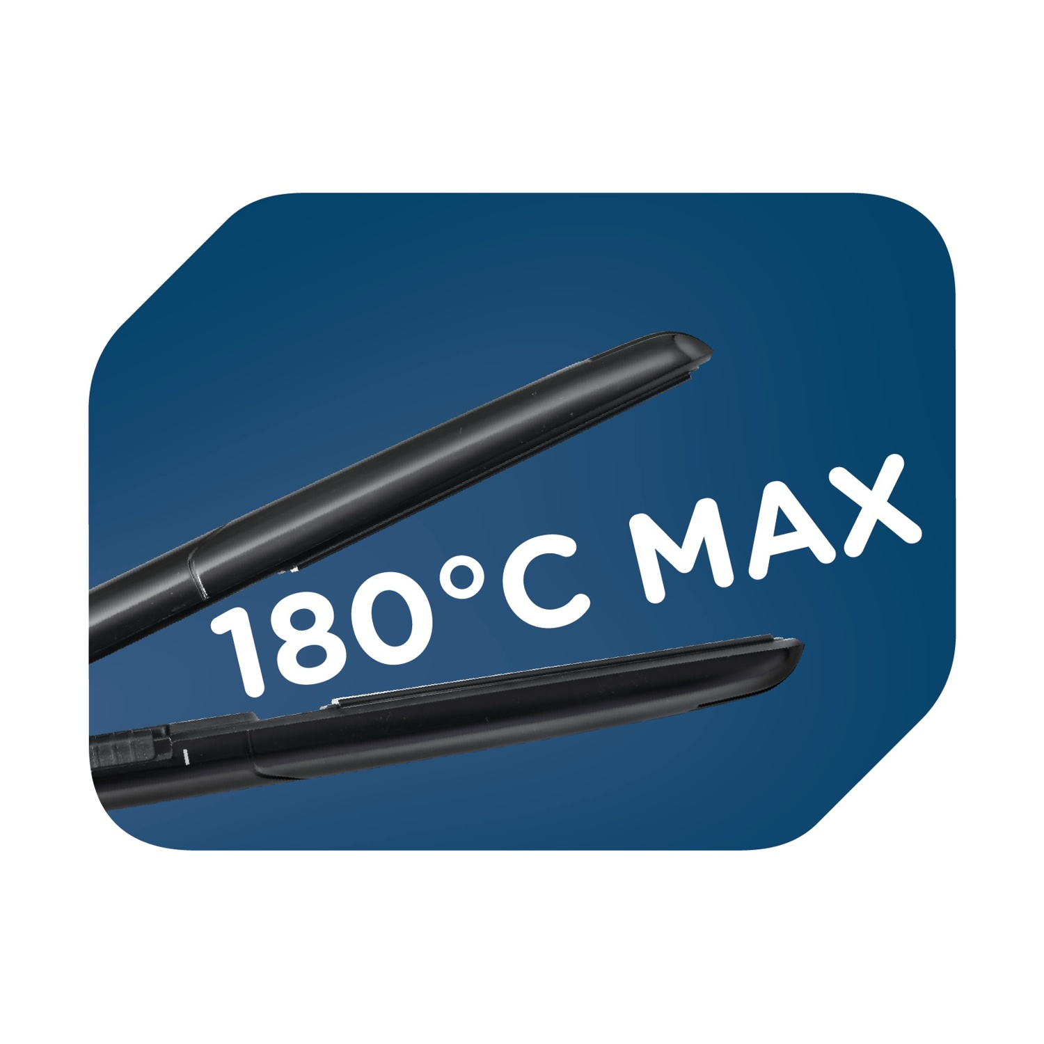 Piastra per capelli nera, angolata, su sfondo blu scuro. Testo: '180°C MAX' in bianco, indica la temperatura massima.