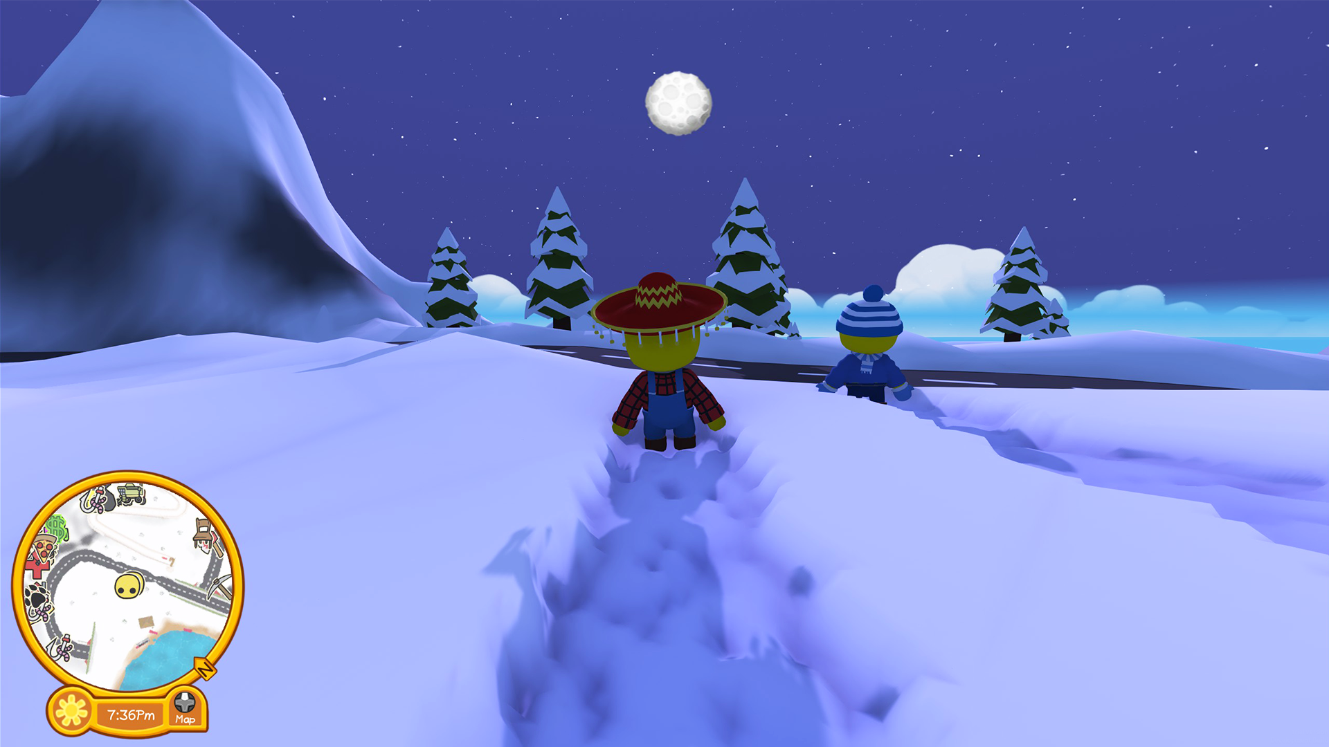Deux personnages de dessins animés dans la neige. L'un porte un sombrero, l'autre un bonnet bleu. Une pleine lune et des montagnes enneigées en arrière-plan.