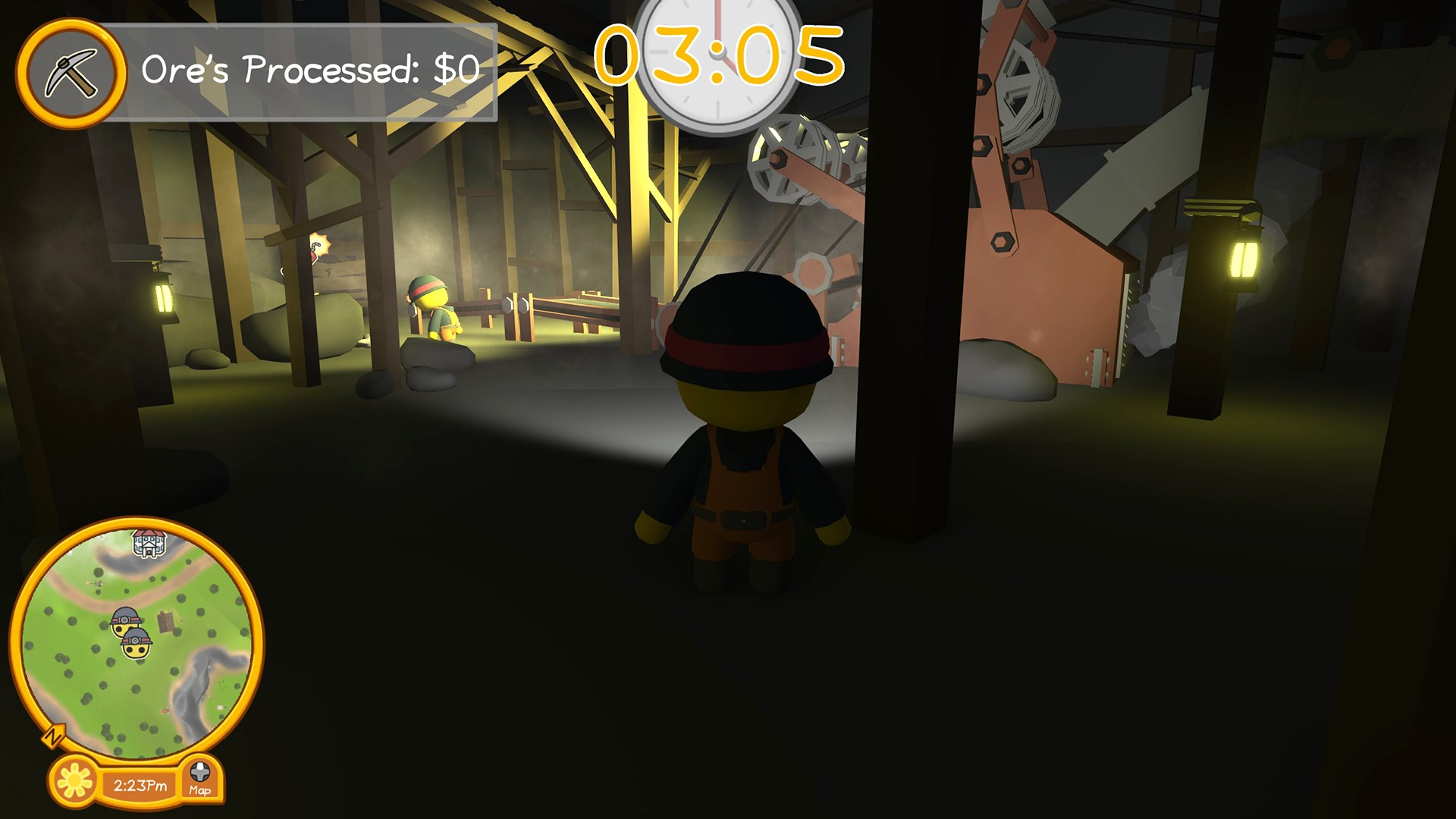Un personnage jaune se tient dans une mine. Structures en bois, informations sur le traitement du minerai, une horloge et une carte sont visibles.