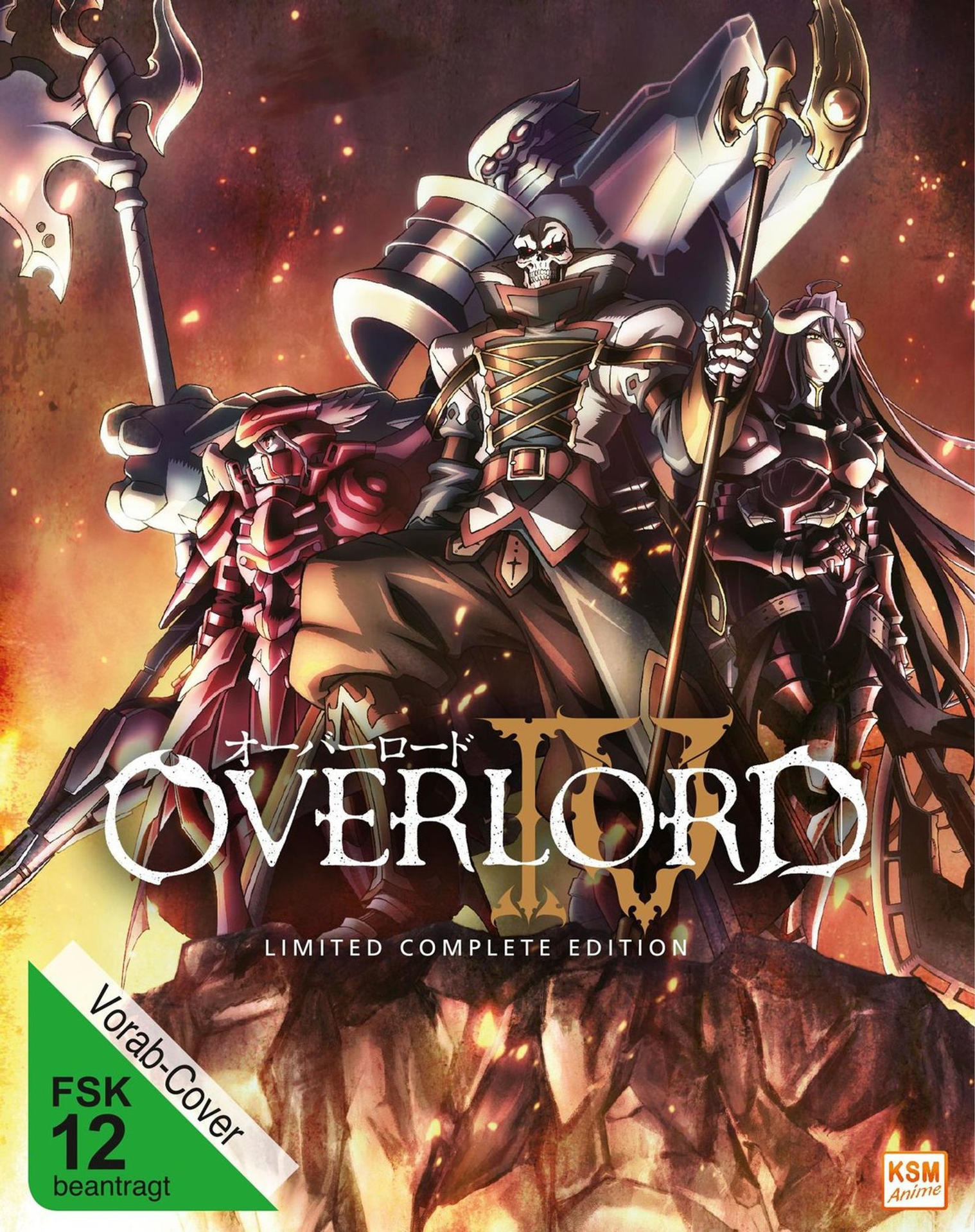 Overlord Anime-Cover. Eine skelettartige Figur in Rüstung und eine Frau mit Hörnern. Eine rot-weiß gepanzerte Figur steht links.
