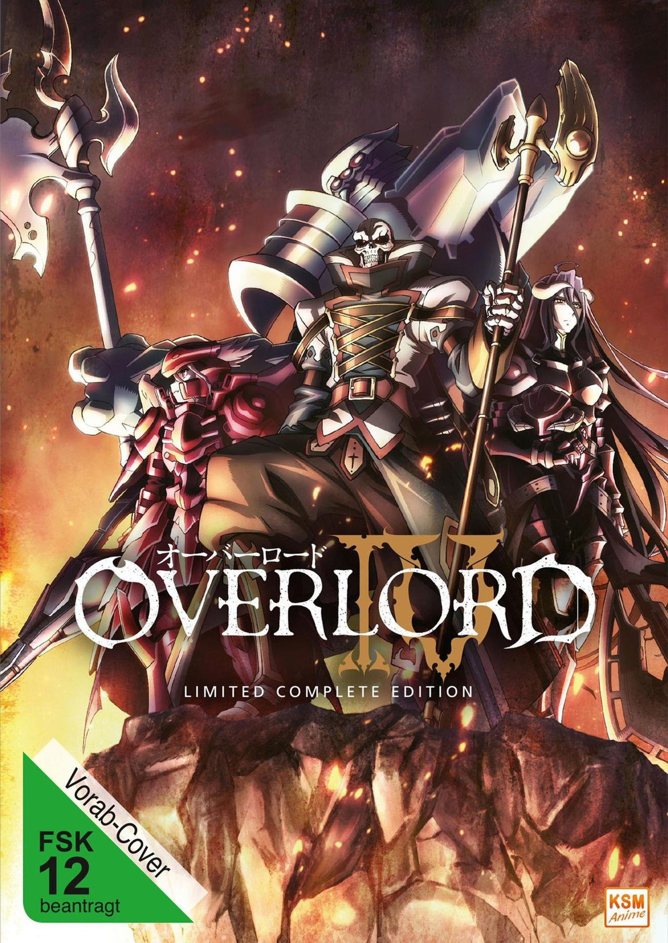 Anime-Cover für Overlord. Eine Skelettfigur sitzt auf einem Thron mit zwei gepanzerten Figuren. Der Hintergrund hat Feuer.
