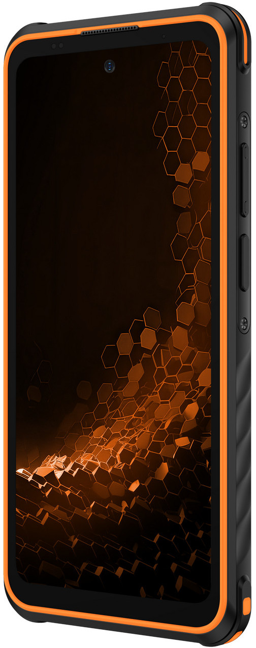 Wytrzymały smartfon z czarną obudową, pomarańczowymi akcentami i ekranem wyświetlającym pomarańczowy wzór plastra miodu.