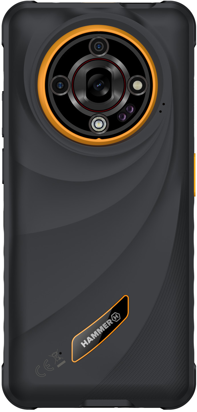 Czarny tył telefonu z pomarańczowym pierścieniem aparatu. Posiada wiele obiektywów, lampę błyskową i logo Hammer.