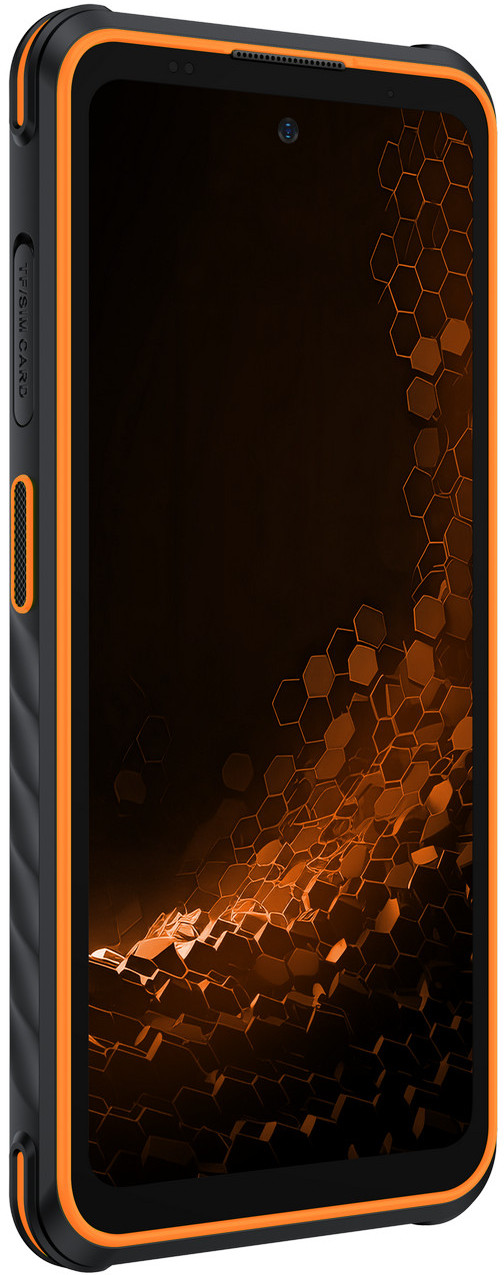 Czarno-pomarańczowy smartfon z wzorem plastra miodu na ekranie. Telefon ma wytrzymałą konstrukcję.