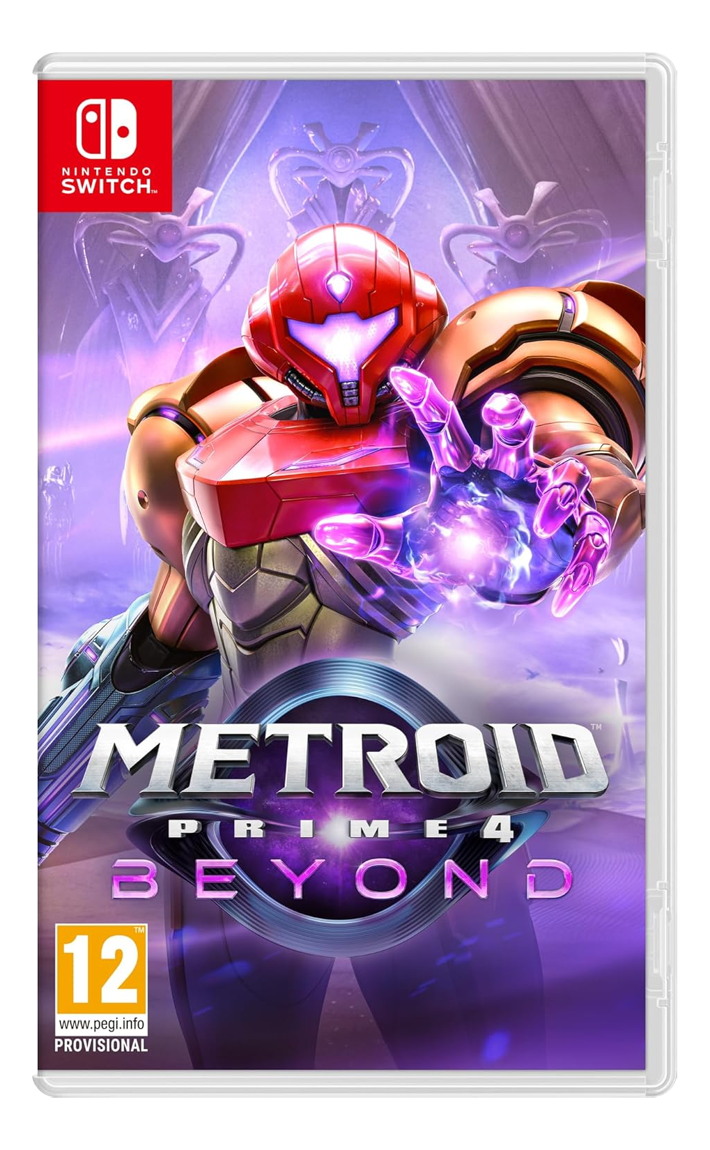 Copertina del gioco: Metroid Prime 4 Beyond. Un personaggio con un'armatura rossa allunga una mano luminosa. Logo Nintendo Switch in alto a sinistra.