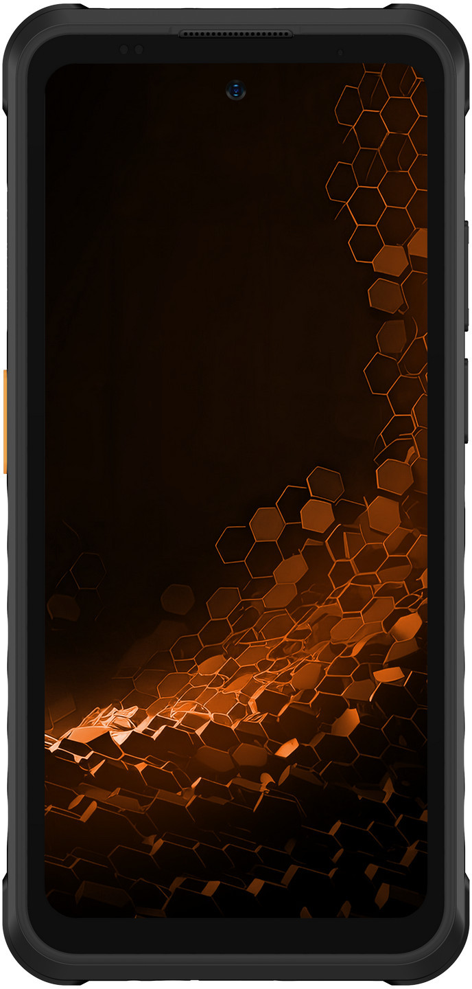 Czarny smartfon z pomarańczowym wzorem heksagonalnym na ekranie. Posiada aparat i głośnik.